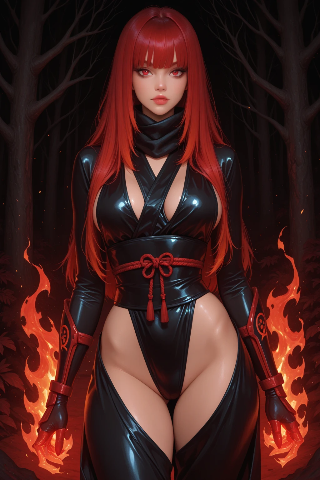 (full body photo, standing, feet on the ground), Sara has large breasts, (black with golden parts/ninja costume/mini capus on the head/extremely tight on the body/ninja mask on the face, ninja emblem on the breast), tattoos on the body, blood on the clothing, ninja weapons, closed fists, in battle position, is in a macabre temple at night raining hard with clouds in the sky and thunder, her hair and clothes are soaked, she has ((long red hair, blue eyes)), ninja weapons, anime, reflection light, 16k, best quality, high details, anatomically correct, UHD, masterpiece, ccurate