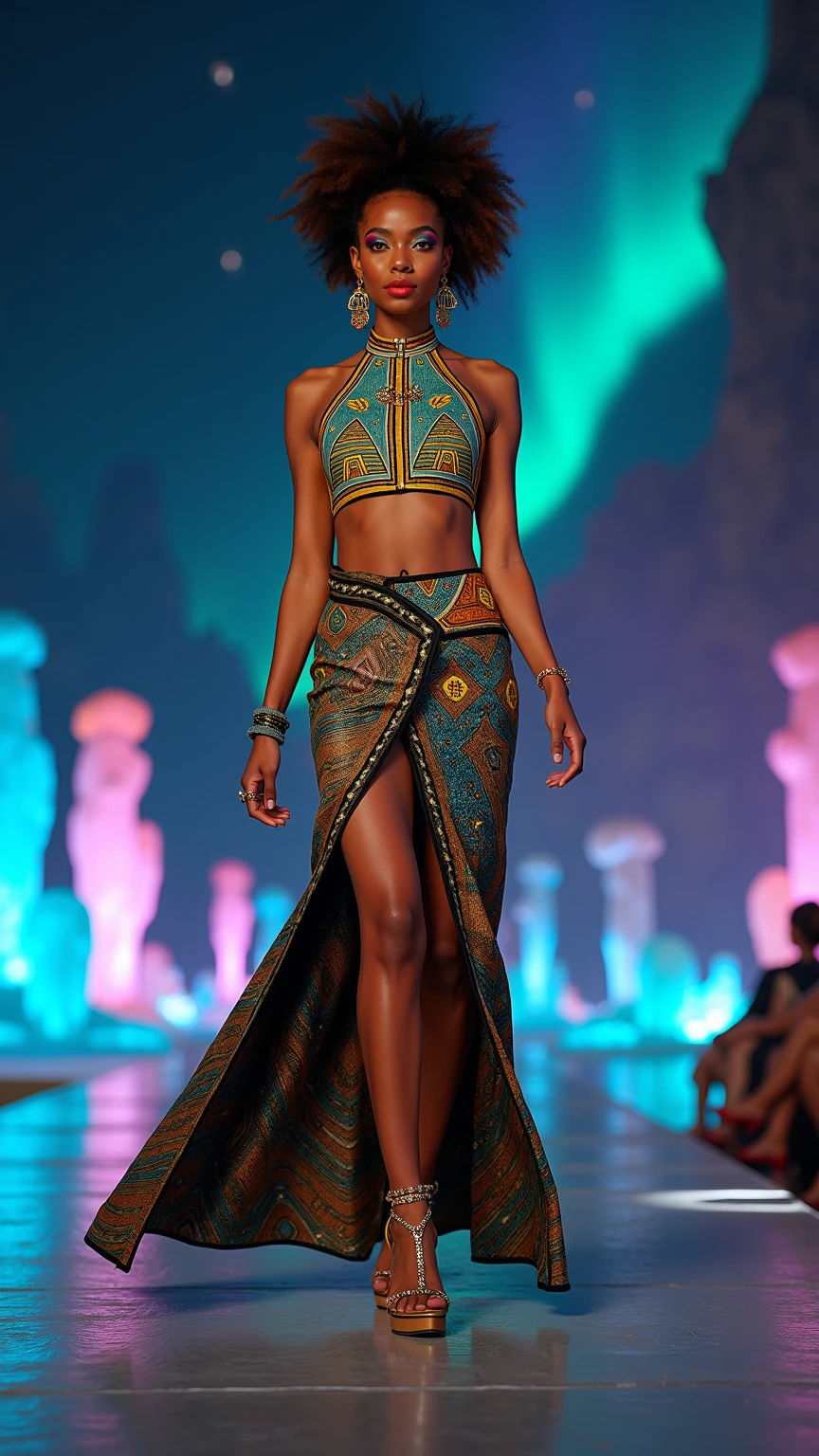 a beautiful modern outfit african woman in a shiny outfit stands by the water, in the style of sandalpunk, light silver and pink, vibrant mosaic, streaked, golden age aesthetics, sky-blue and pink, wimmelbilder, style raw
