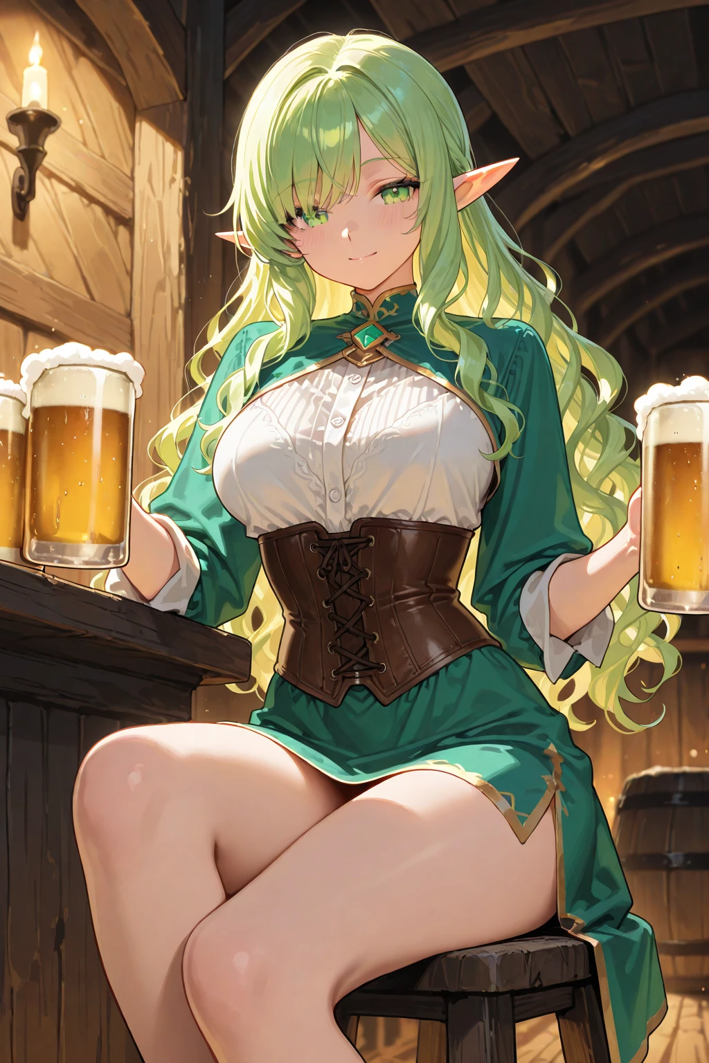 best quality, 8k, woman,blonde,beautiful,big eyelashes, little smile, looking to observer, cleavage,rabbit ears tiara,green militar camouflage leotard over beige bodystocking, holding one beer mug in right hand, holding a easter egg in left hand, florish rose forest scenario