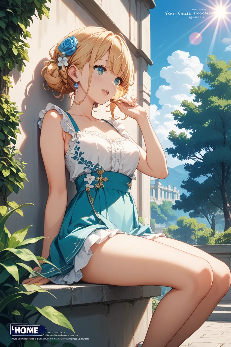 (masterpiece:1.2), (highest quality:1.2),, Curvy but slender body, perfect eyes, perfect face, perfect lighting, 1 girl, in the garden, (feet visible),(T-back),(casual clothes),(view from directly behind),(I can see your butt),(ponytail),curly hair, Fine clothes, Detailed outdoor background, compensate, eye shadow, thick eyelashes, fantasy, looking at the viewer, whole body,alice in wonderland、blue sky、Bright and very beautiful face、young shiny glossy white shiny skin、the best beauty、The most beautiful bright blonde hair in the world、thin hair、long hair、Shining beautiful bangs、Glowing crystal clear big blue eyes、Very beautiful lovely 17 year old most beautiful girl in the world、small breasts