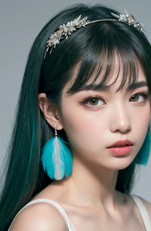 Masterpiece), (Best Quality), (Super Detail), (disheveled Hair), (Illustration), (One Girl), (Fashionable Clothes), Standing, Fashion Model, Beholder, (Interview), (Simple Background), Finely Beautiful Eyes, Delicate Beautiful Face, Floating, (High Saturation), (Colorful Splash), Colorful Bubble, (Shine), Focus on the Face, Ponytail, Light Blue Hair, Bangs, Hair Rings, Floating Flowers, Floating Hairs, (Shining), Best Lighting, Best Shadows