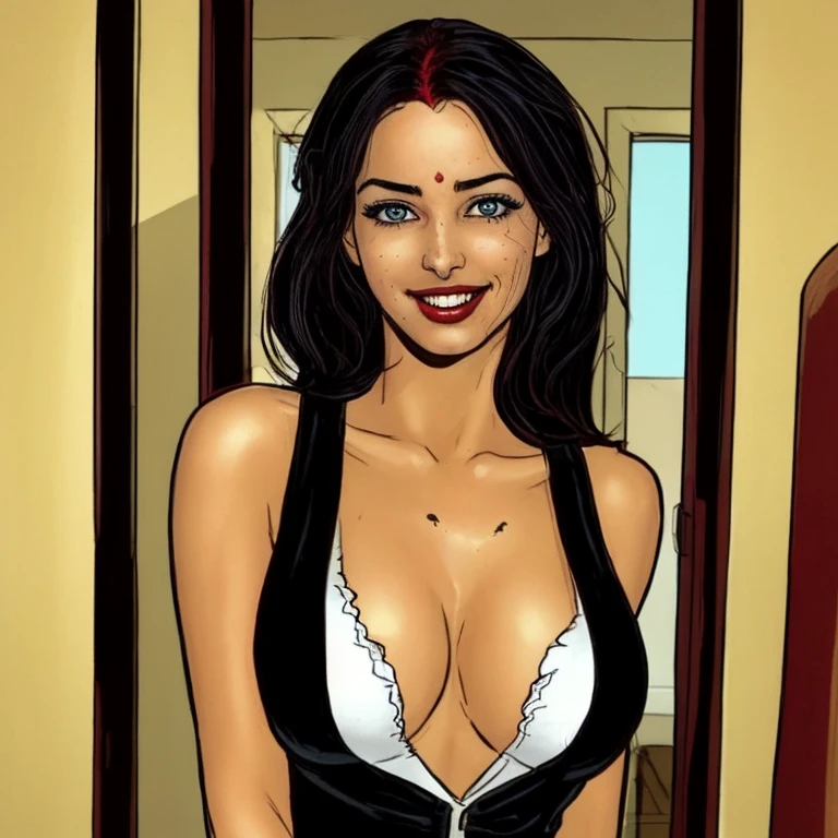 (facing viewer), mature woman, 1girl, (solo), long curly hair, fancy blue strapless dress,((medium breast)), (nipple slip), tease, penthouse suite background, <lora:IlluminatingLilandymix:0.75>