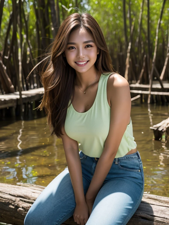 Office Culture,((camp site)))、barbecue、Photo Library,The most beautiful girl here,18-year-old、cute、long hair、Black Hair、The picture is very realistic,(Very detailed),Add details,(Extremely realistic skin texture),Improved skin texture,The painting is very three-dimensional,Hair Enhancements。((Yellow shirt)),((sleeveless shirt))、Bra is visible、((I can see the side))、 ((Denim shorts))、((looking away))、smile、