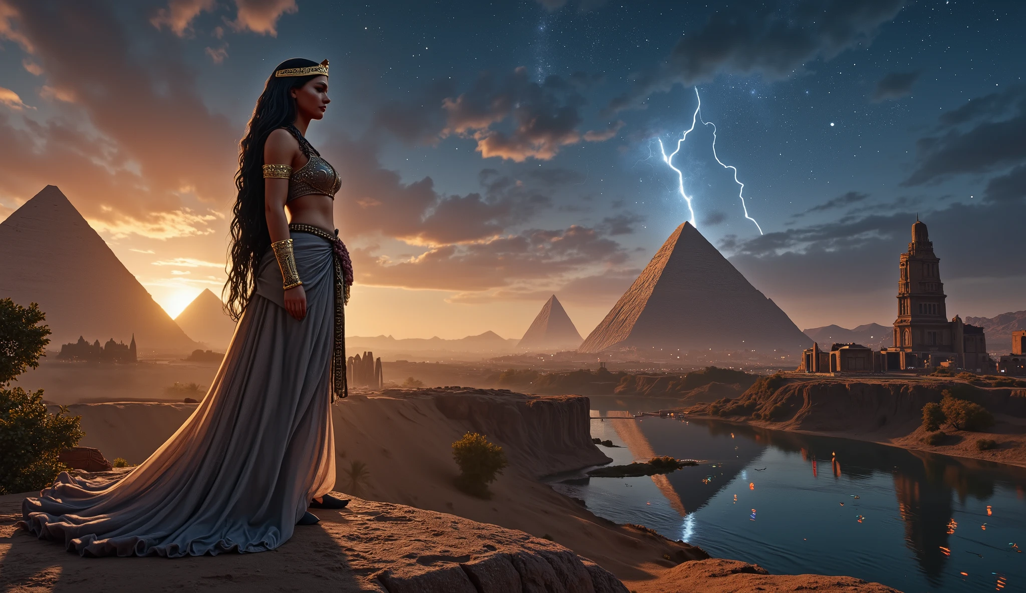 Full-body view of Cleopatra standing tall and proud in front of majestic pyramids at twilight. She is fully visible from head to toe, including her elegant footwear. Cleopatra has long, straight black hair and wears the traditional striped nemes headdress. Her eyes are adorned with dramatic ancient Egyptian makeup — thick, winged black eyeliner and dark kohl. She has a voluptuous figure with a prominent bust and a deep neckline, dressed in sheer, flowing, and lightweight royal garments that gently sway in the desert breeze, revealing glimpses of golden jewelry and intricate embroidery. She looks at the viewer.
Behind her, the pyramids loom grandly under a twilight sky. In the distance, the calm river Nile reflects the starlight, and an ancient Egyptian city sprawls along its banks — temples, obelisks, and glowing torches faintly illuminating stone streets. The sky is filled with stars, casting a magical, ethereal glow over the entire scene. The image is ultra-detailed, realistic, and cinematic, with rich textures, soft shadows, and dramatic lighting that captures the mystique and grandeur of ancient Egypt.
ultra-realistic, cinematic lighting, 8k, epic composition, sharp focus, rich textures, baroque detail, ancient civilization, desert atmosphere