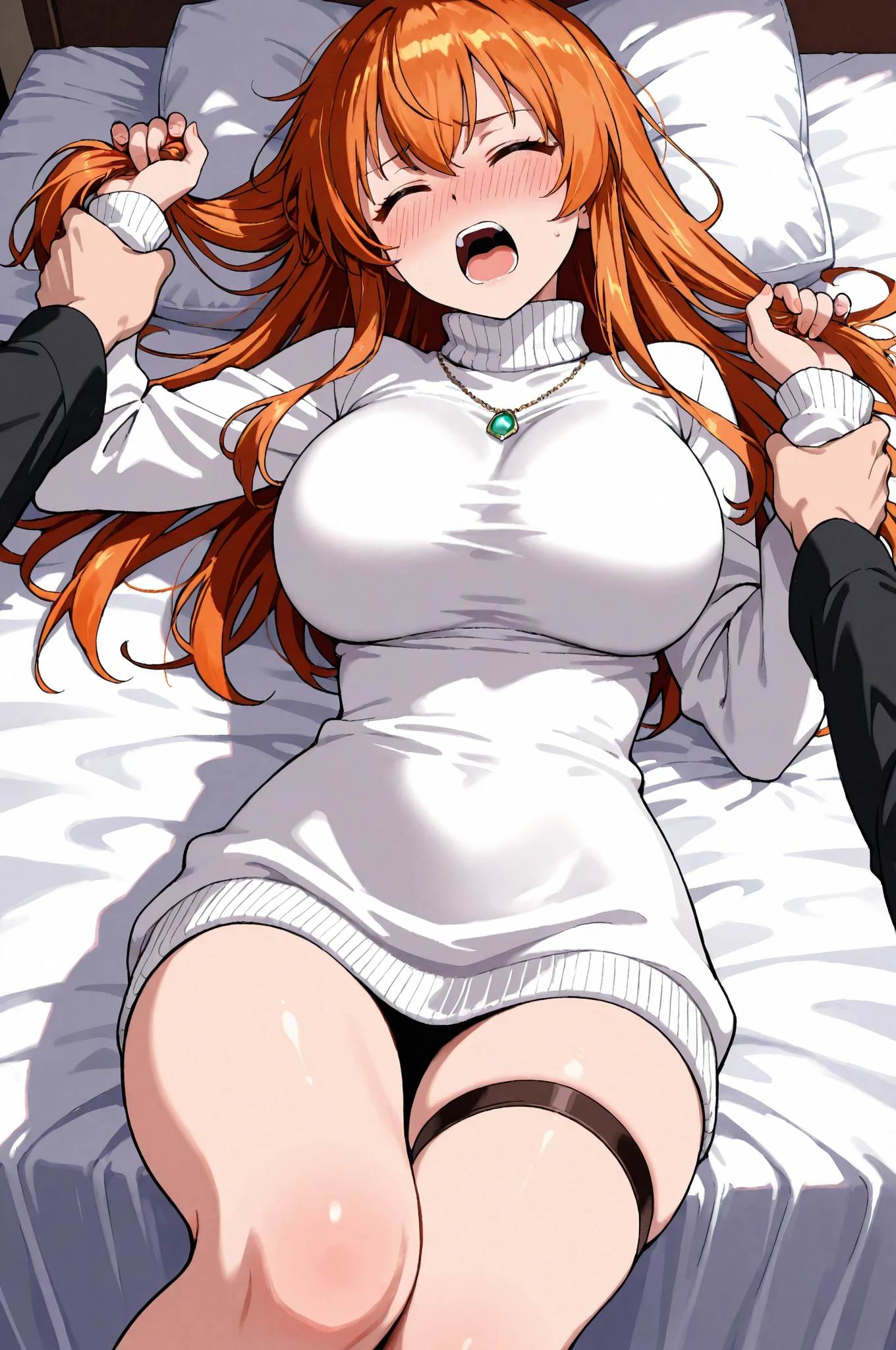 2heads, a tall chubby woman with 2 heads. She is wearing a bra, wearing dress skirt. She is in a bedroom. Laying down on bed. Sex, having sex, POV sex. She looks spunky. She is smiling wide. She has messy orange hair. Ginger, pale skin, many freckles all over body. She looks young. Huge lips, giant perky lips. Blushing, aroused. Big breasts. Tiny nipples, extremely small nipples. Huge breasts, giant breasts.