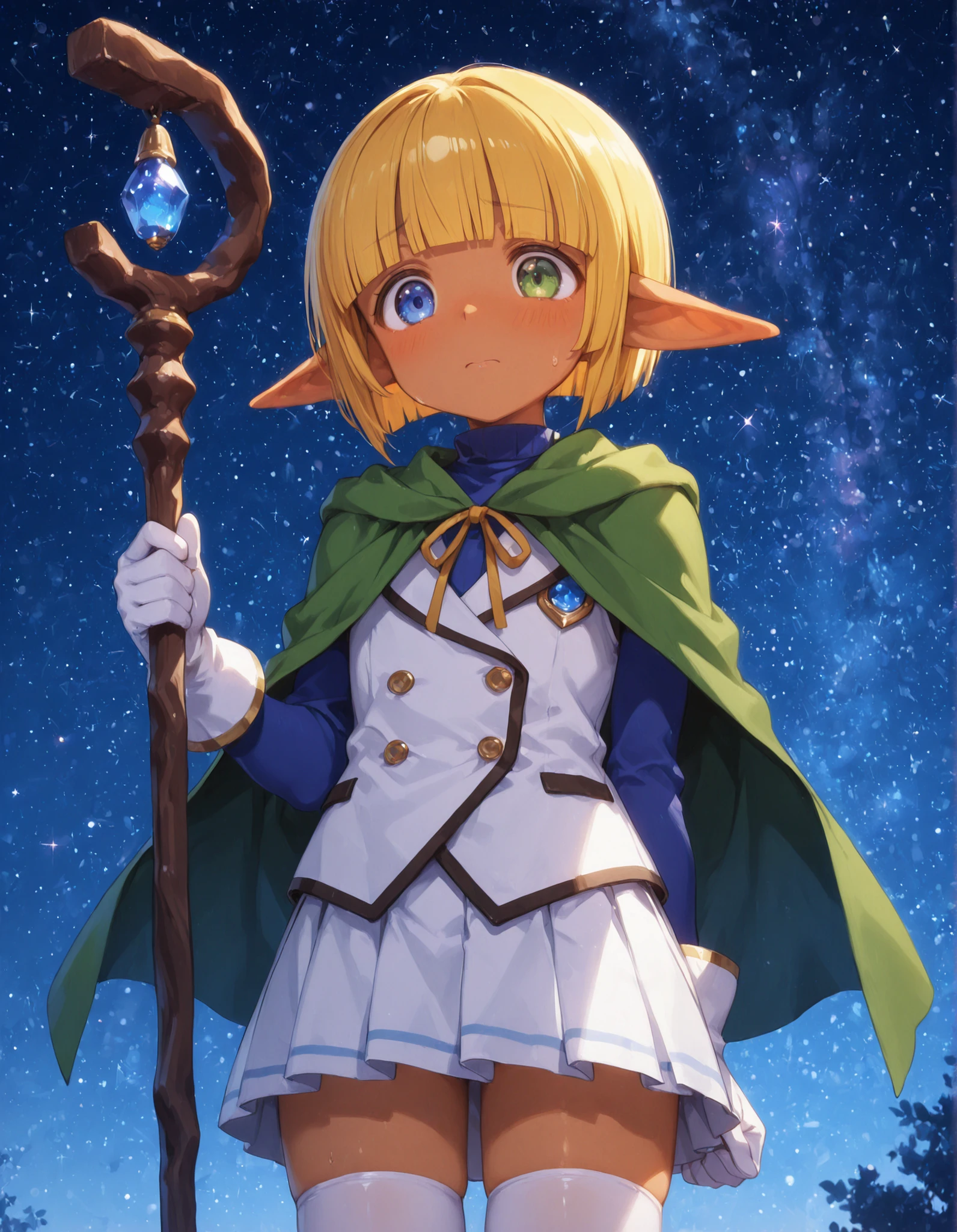 masterpiece, best quality, very aesthetic, 1boy,, solo, mare bello fiore, short hair, bangs, blue eyes, blonde hair, green eyes, pointy ears, blunt bangs, heterochromia, elf, otoko no ko, dark elf, anime screencap,, skirt, thighhighs, gloves, pleated skirt, white gloves, cape, white thighhighs, zettai ryouiki, capelet, staff, crossdressing, holding staff,, embarrassed, looking down, shy, holding skirt,, stars, sky, cowboy shot, solo, full-face blush, white background, simple background,