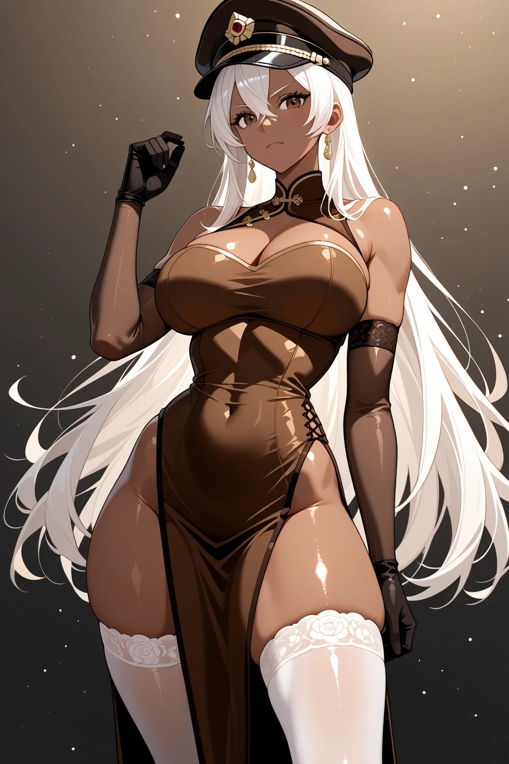 (masterpiece, best quality, perfect hourglass figure, wide waist, blush), busty, portrait, perfect face, flawless eyes, empty gradient background, beautiful lips, full lips, <lora:add_detail:-0.2>, (arms behind back), perfect waist, cowboy shot, perfect hips, wide smile, <lora:sanpaku-eyes-v2:0.8> , sanpaku, round pupils, pink eyes, <lora:Dskin_v1.0:0.2> , tan, dark skin, brown skin, huge breasts, saggy breasts, white hair, long curly hair, <lora:concave:0.8> , concave bangs, <lora:EyepatchLeotardV1:1> , see-through leotard, elbow gloves, groin, cleavage