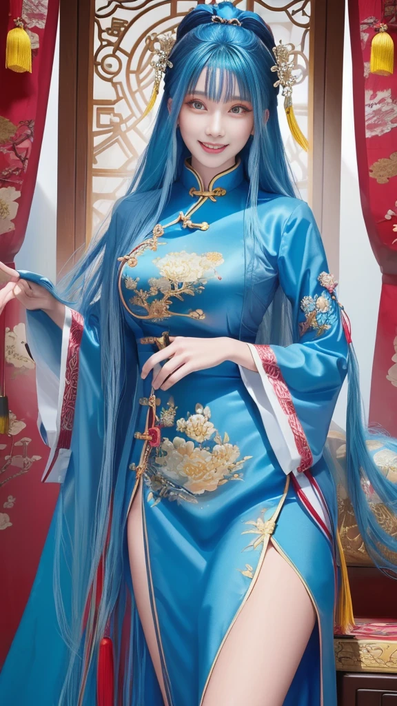 Best quality, masterpiece, ultra high res, raw photo, beautiful and aesthetic, deep shadow, fairy theme,(ultra detailed:1.3),
1girl, standing pose, flower headdress, drill hair, long hair, blonde hair, gradient hair, yellow eyes, solo, huge breasts, big hair, blue hair, divine goddess, looking at viewer, indoors, queen bedroom, empress bed, room full of curtain, astraea, full body, chinese clothes,china dress