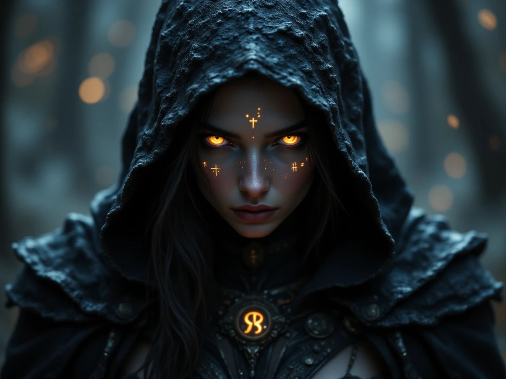 A sorceress wearing a mystical mask adorned with glowing runes and ancient symbols. Her eyes shine with magical energy through the mask, and she is surrounded by swirling arcane forces that bend to her will. (masterpiece, ultra detailed, 8K, high resolution, cinematic lighting, mystical atmosphere, photorealistic)