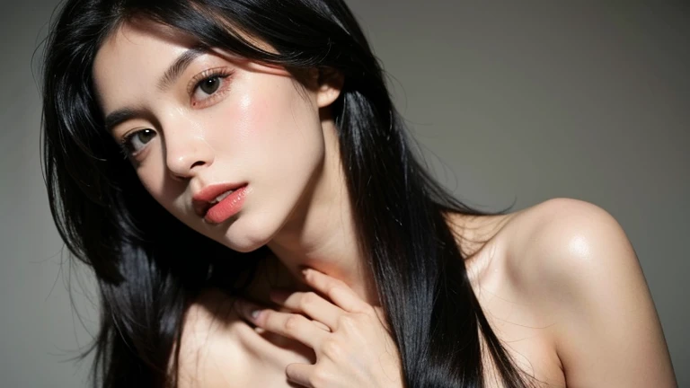 ((Surreal、Super detailed image, maybe a photo.,Captures the details of the skin texture of an incredibly beautiful woman.))long straight black hair。