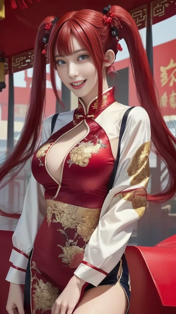 Create an image of Yang Guifei, the famous Chinese imperial consort. She should be depicted with her renowned beauty and grace. Yang Guifei is dressed in a luxurious and elegant traditional Chinese robe with intricate patterns, flowing sleeves, and rich colors such as red, gold, and jade green. She wears elaborate hair ornaments and accessories, including delicate hairpins and flowers. Her makeup should be refined, with a focus on her soft, porcelain-like complexion and subtle yet captivating eyes. The background should feature elements of Tang Dynasty China, such as a beautifully landscaped garden with blossoming cherry blossoms, a traditional palace, or the iconic Hot Springs at Huaqing Palace, to provide historical and cultural context.(((Red hair)))