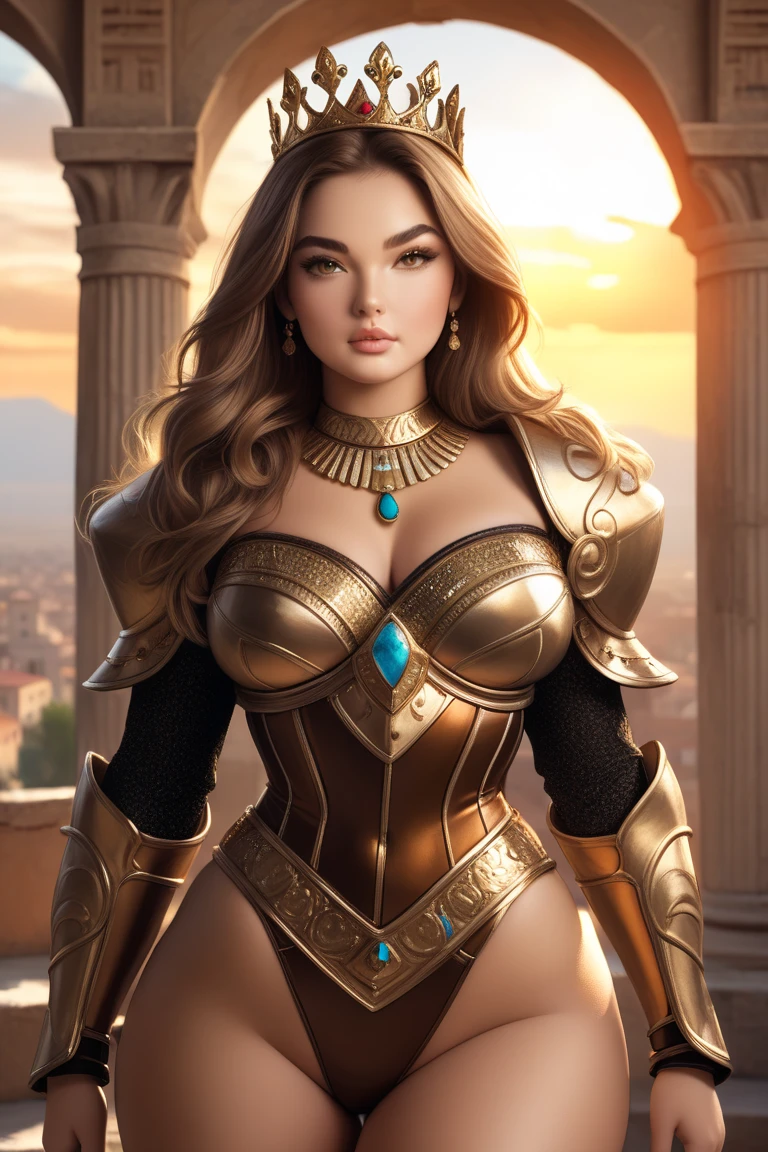 Realistic cinematic image shadows. in the courtyard. of the kingdom. There is an elven woman, with a crown, wearing a necklace around her neck, very round breasts, gold ornaments, ((sexy fir neckline showing large volume of round breasts in a blue metal armor, large gold ornaments. golden edges, hip)) reflecting the sunlight. Facing me looking at me