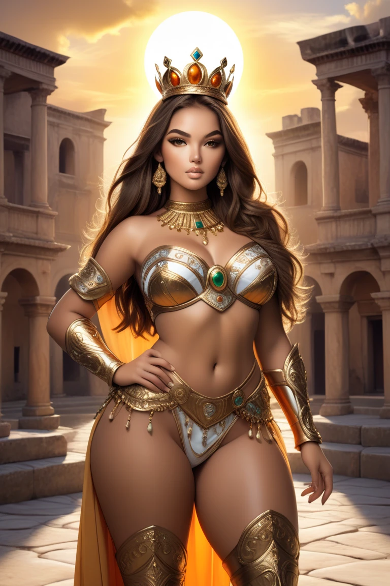 Photo of a stunning woman in a revealing warrior outfit, showcasing her toned navel and holding a formidable spear, set against the backdrop of a majestic castle. The image is highly detailed, capturing every intricate aspect of her costume and weapon. The dynamic lighting adds a sense of drama and intensity, illuminating her figure with precision. The sharp focus ensures that every element is crystal clear, from the textures of her outfit to the details of her spear. Her smooth complexion glows under the dramatic lighting, enhancing her captivating presence. This photorealistic masterpiece, shot on a high-resolution camera, showcases the perfect blend of realism and artistry. The image is a true testament to the photographer's skill, showcasing their ability to create a highly detailed and visually striking