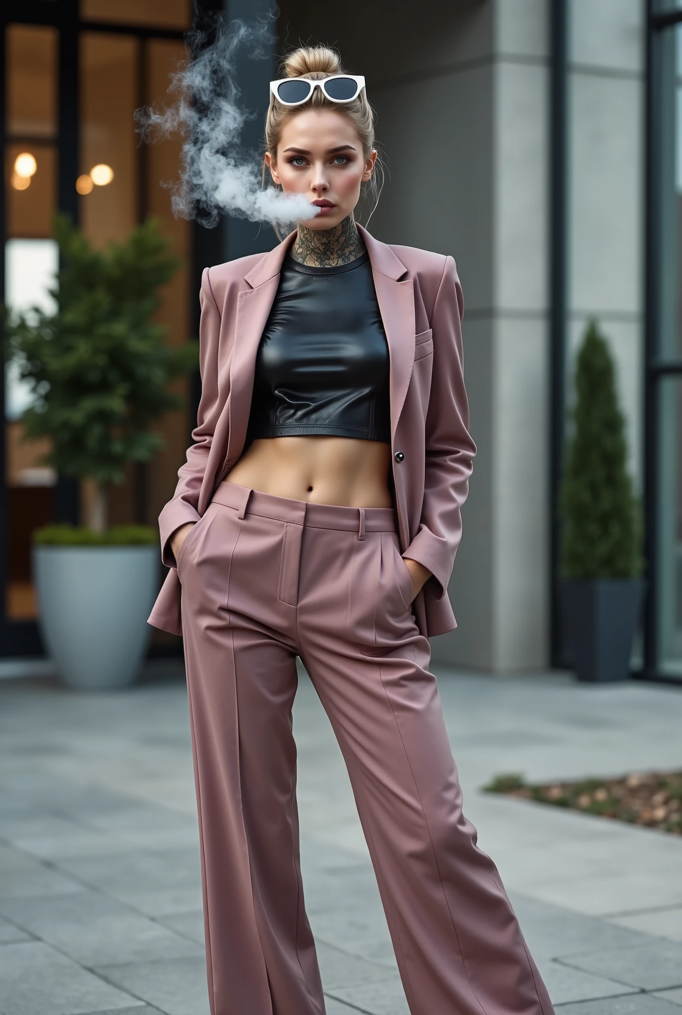 An extremely tattooed S4r4h stands outside a bright modern office. She is a powerful businesswoman. She wears a short cropped glossy black leather t-shirt under a short cropped fitted mauve business jacket and mauve baggy wide-leg very flared pants and black high heels. She looks straight at the camera. White rimmed sunglasses perched on her head. She exhales a large cloud of smoke from her mouth.