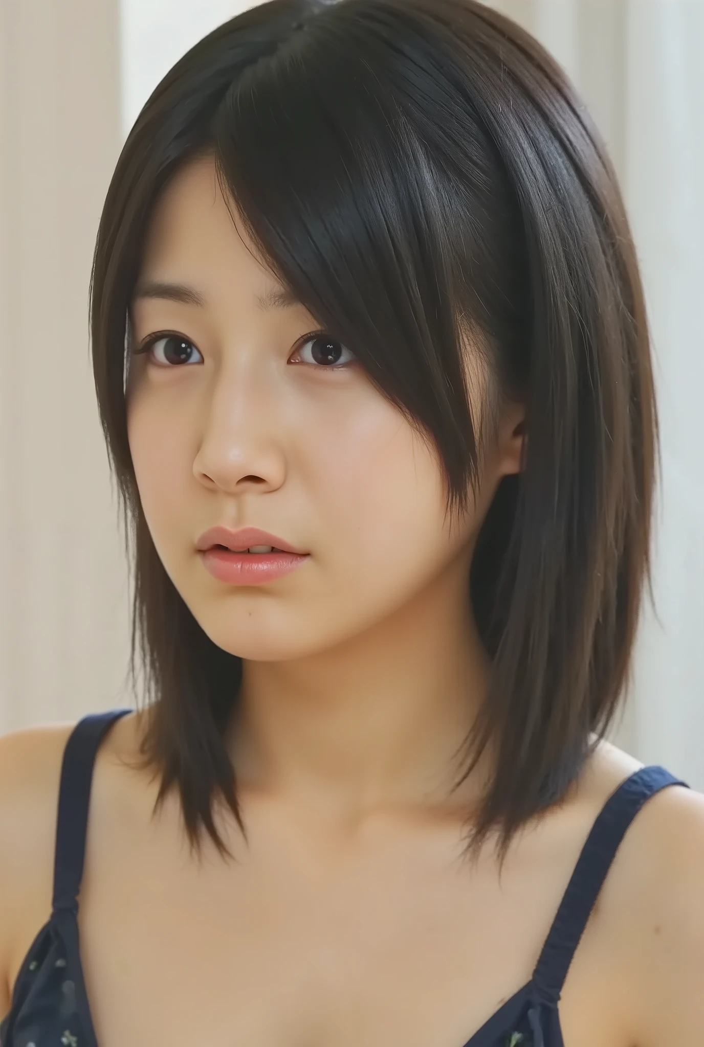 (( premium quality, 8k )), ((masterpiece)), ( details), Japanese girls, first-person view ,One Woman, Petite Woman , slender woman, sexy,( in the bedroom),((( big breasts, sexyなランジェリー, beautiful breasts, Short Bob Hair , black hair with leash))), dark haired , (( No decoration, Without any accessories, slender, no makeup, hanging eyes))