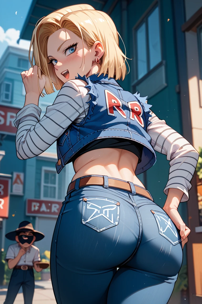 1 masterpiece, 1 girl, blonde hair, medium hair, aquamarine eyes, medium breasts, thighs, thick thighs, wide hips, butt, focus on butt, ass, covered anus, naughty face, nervous smile, blush, sweat, black gloves, black knee pads, blue sweatshirt, clothing,bicycle shorts, cameltoe, pantylines, fingerless gloves, gloves, hoodie, knee pads, pink and blue sneakers, open jacket, open jacket, pink and blue sneakers, tight clothing, view from behind, looking back, looking at viewer, assertive woman, female focus, squating, leaning forward, legs, oppen legs, guard combat pose, public indecency, blue sky, day, comic style, comic panels, anime style, sign, spanish lettering, thought balloon, spanish letters, " chanfle "
