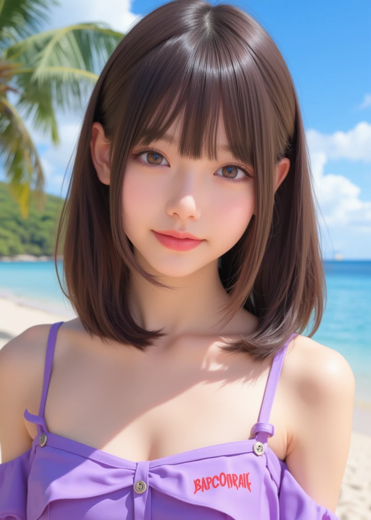 ((Polka-dot-bikini)),one woman,cleavage between breasts,large breasts,cute face, ponytail ,wave hair,(pink hair:1.5),darkcyan eyes,beach,masterpiece, extremely fine and beautiful,gravure,wet body,wet hair,embarrassed,upturned eyes,nsfw,