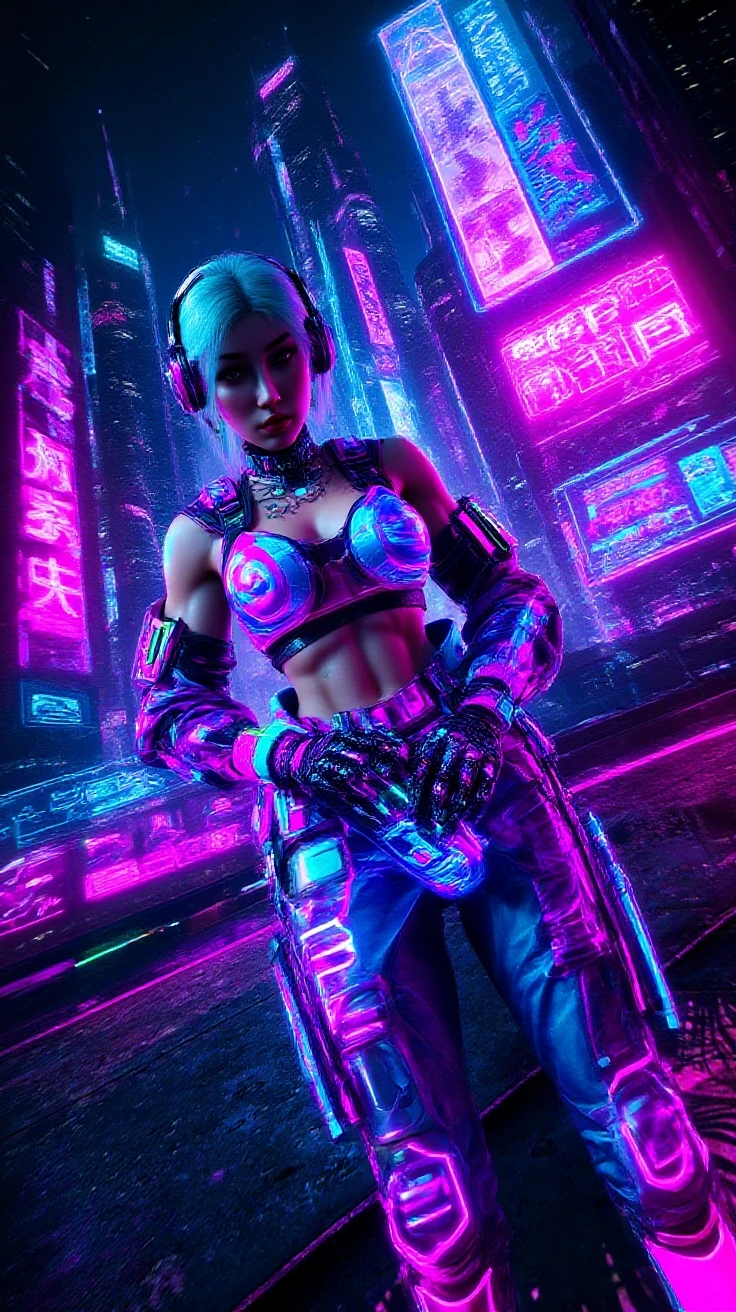 A highly detailed portrait of a solo 1girl standing on a street corner, during a rainstorm with lightning strikes and a cloudy sky, neon and cyberpunk background, she is wearing punk clothes with silver chains and silver spikes, she has a butterfly wing hairclip in her wild hair, she has headphones and a necktie on, detailed glowing red eyes with distinct pupils, ominous aura Halo, smile, punk, cyberpunk, backlighting, Cinematic film still, high detail RAW color Photo, harsh lighting, cinematic lighting, contrast, textured skin, cold skin pores, hard light, gigapixel, 8k resolution, cinematic, octane render, unreal, high definition, 8k uhd, professional lighting, photon mapping, radiosity, physically-based rendering, perfect face, award-winning photography, ray tracing, intense gaze, cinematic lighting, masterpiece, best quality, intricate detail, absurdres
