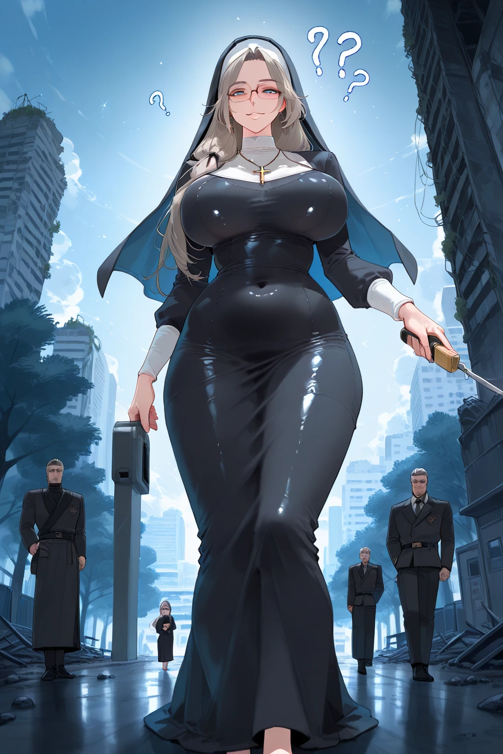 ((Character sheet:1.4)) ((full body view:1.5))1 Same Girl , Perfect Beautiful , robot Face , ((android woman)),( metallic android , long Hair , Black Gothic Nun Dress , Athletic Body , ((gigantic breasts:1.2)) Extreme Detailed Portrait With Bokeh Effect , Realistic Lighting , Night Street View , Dark Vibe , Crowd , Gothic Makeup , Gothic Tattoo , Posing Like a Model , Look at Viewer, cool lighting, blue street lamp light ((sunset ambiance light:1.0))