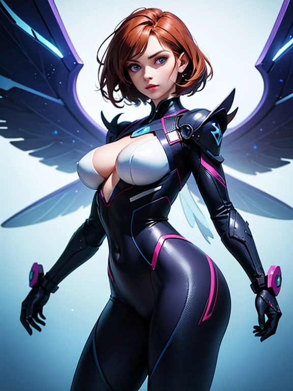 PM, (Purple Latex Suit:1), Golden Fringe Shorthair, Light brown eyes, 1girl in, 20yr old, Innocence, (Photorealsitic), (​masterpiece, :1.3),(top-quality:1.4), (超A high resolution:1.2), 超A high resolution, (A detailed eye), (detailed facial features), nffsw, 8K分辨率, (lensflare:0.7),Colossal tits