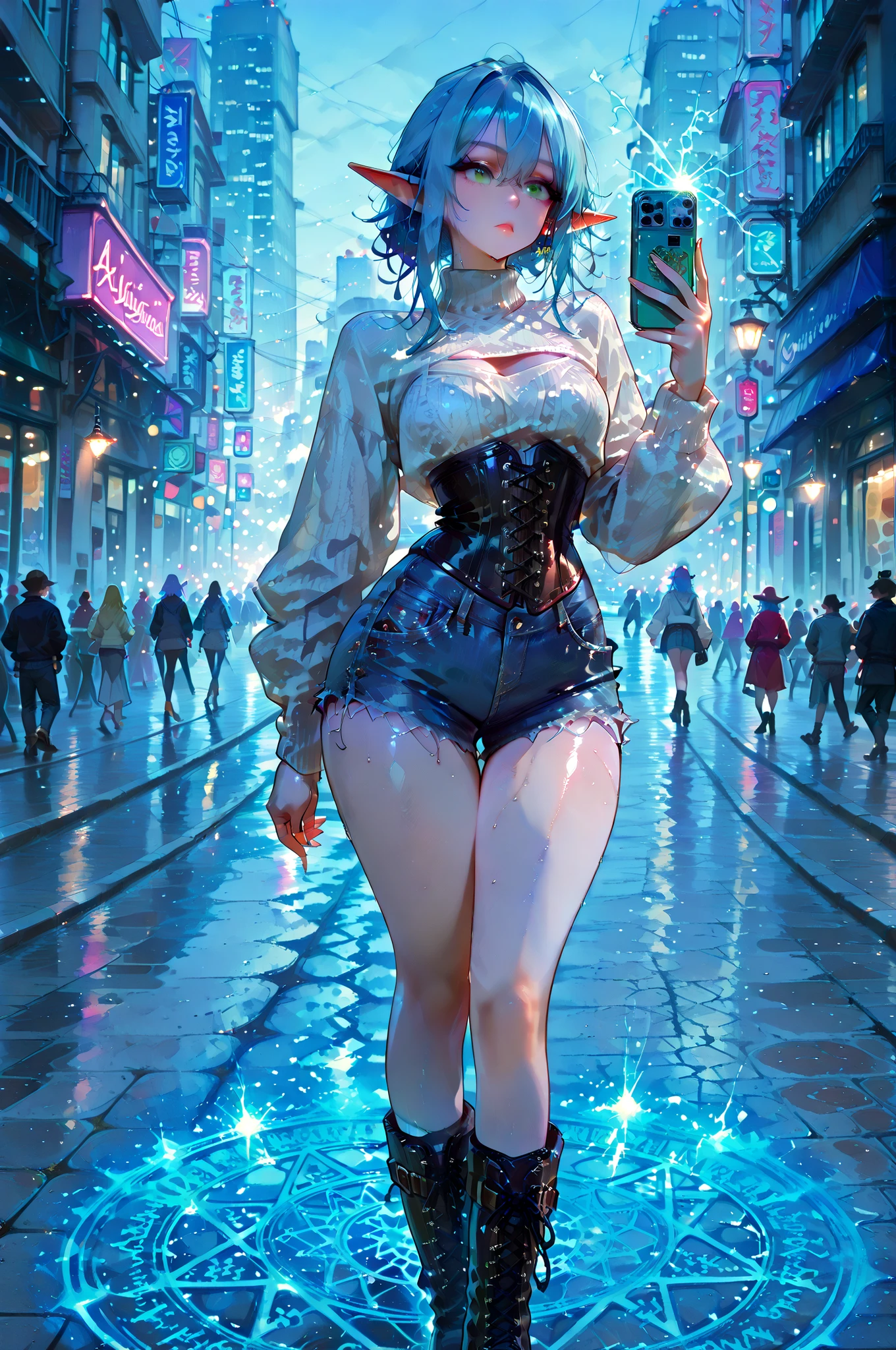 female elf character with short blue hair, very tall, with big hips, mischievous look, wearing contemporary fashion clothes, a sensual leather corset, denim shorts and high-top boots, carrying a cell phone in one hand, standing on a magic circle that glows incandescently, a modern city buildings and shops in the background. art style illustration