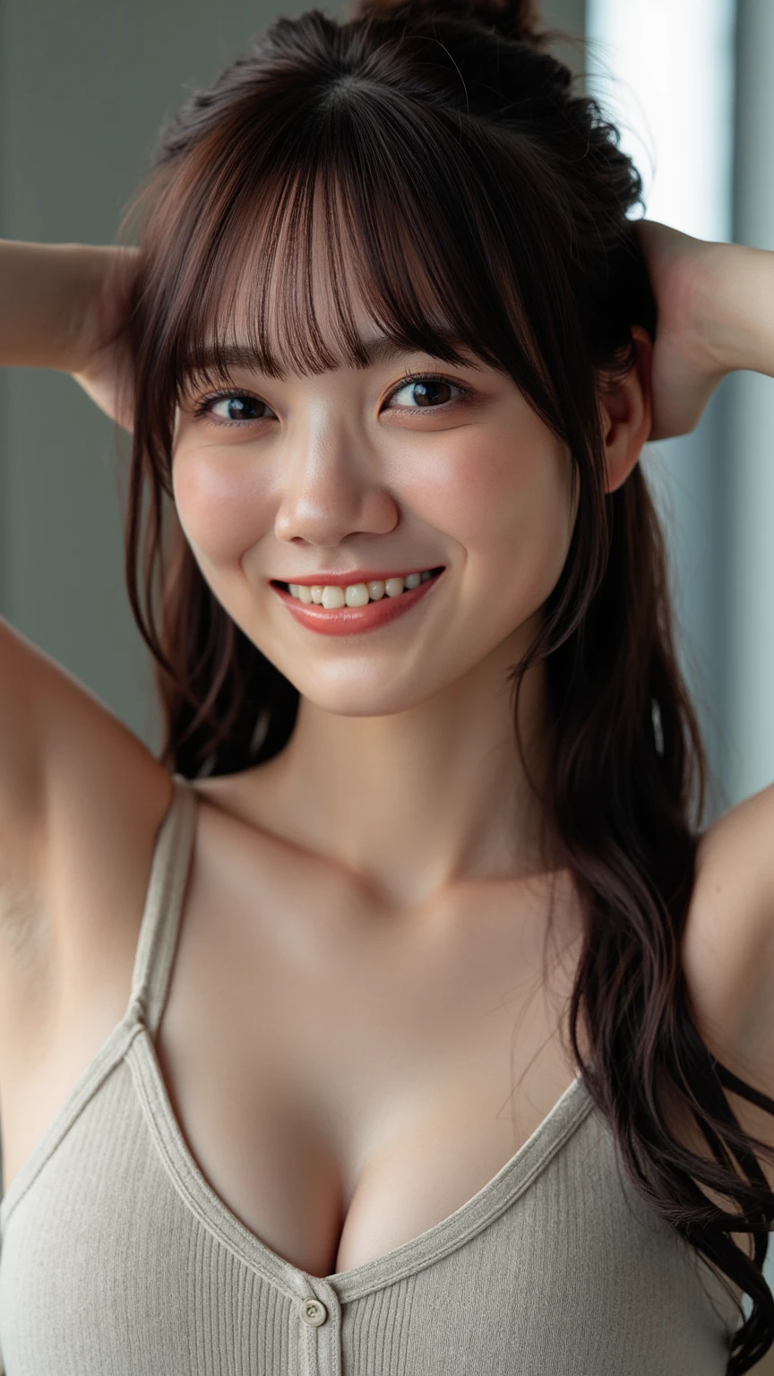 (masterpiece, best quality, beautiful quality, photorealistic, looking at viewer, detailed lighting, shadows, 8k:1.4), portrait, (a picture of a woman, extremely detailed skin, extremely detailed teeth, beautiful eyes, 1girl:1.3), arms up, <lora:add_detail:1> <lora:Sarina Kashiwagi:0.8>