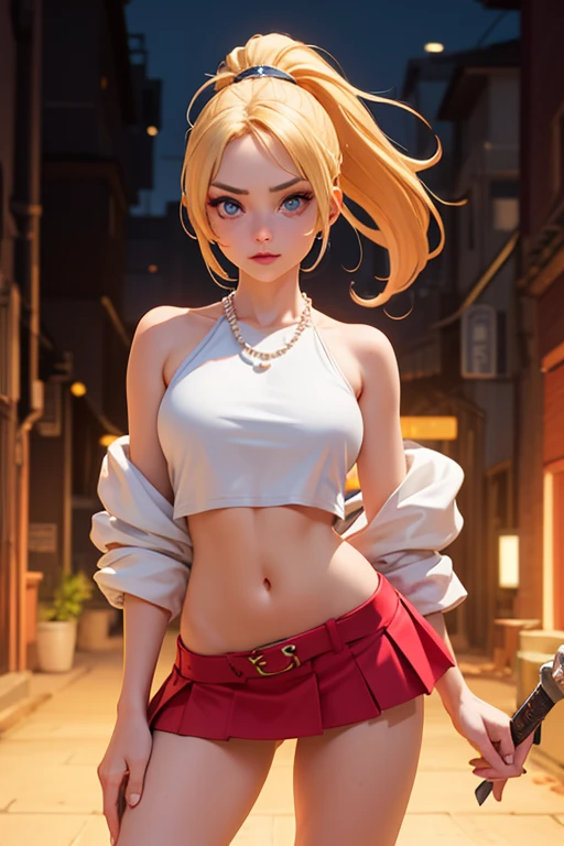 New York City, 7 pm, Center, blonde ponytail Actress Selena Gomez, lacy tank top and ruffled skirt, dancing, highly detailed clean, vector image, photorealistic masterpiece, professional photography, simple sunrise backdrop, flat white background, isometric, vibrant vector ((white background))