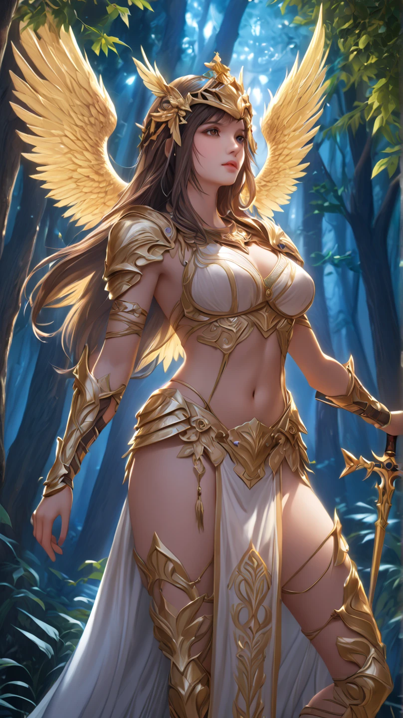 (masterpiece), best quality, high resolution, belldandy, 21 years olds, topless((nipple)), long hair, blue eyes, brown hair, facial mark, forehead mark, gloves, wings, choker, bracelet, ring, feathers, angel wings, view from side:0.6, (forrest:1.1), sitting,