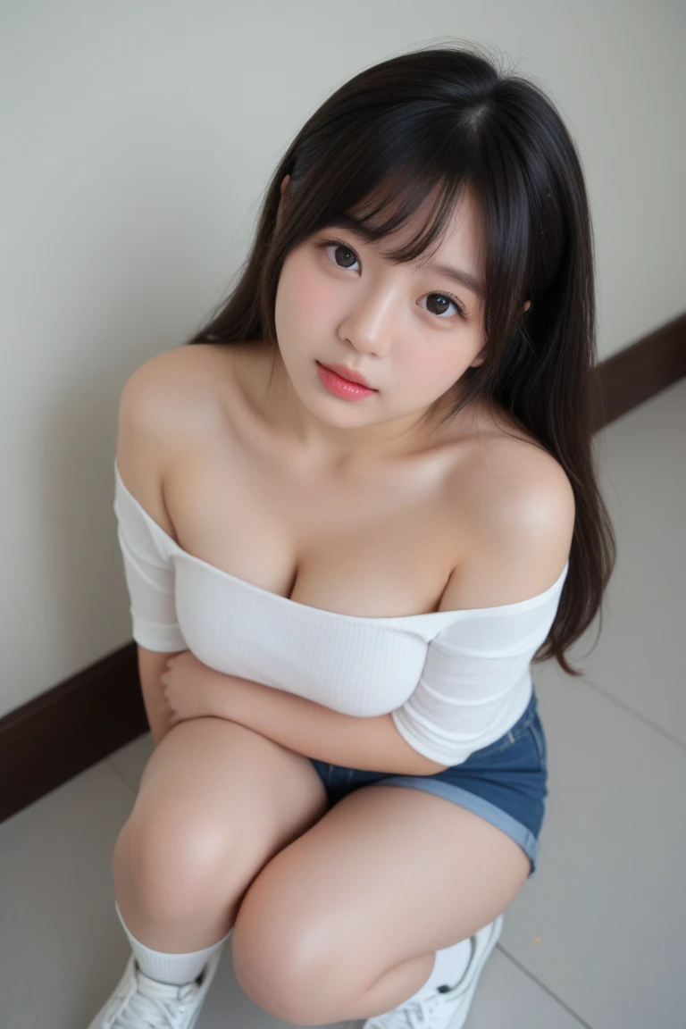 White and Bright Red, (Masterpiece 8K TopQuality:1.2) (ProfessionalPhoto:1.37) ExtremelyDetailed (((FullBody, KAWAII girl with HUGE boobs:1.37)) in (WHITE cotton T-shirt mini dress:1.28)) detailed (Delicate cotton textures) (keyhole_cleavage) oversized t-shirt, ((Studio Dark GRAY Background) with (Oodles Dazzling Neon Color Particles:1.32)) BREAK (((NOGIZAKA FaceVariations))), Extremely Detailed (very KAWAII Face), Childish CaptivatingGaze Stunning ParfectEyes ElaboratePupils with (SparklingHighlights:1.28), DoubleEyelids with (Detailed Voluminous LongEyelashes:0.88), Small GlossyRedLips with BeautifulDetails, CoquettishTongue, PUNIPUNI RosyCheeks, Radiant PearlSkin with Transparency, Glowing DowneyHair . { (Dynamic Joyful expressions LifeLike Rendering:1.4) | (:d) }, (Acutance:0.8) .