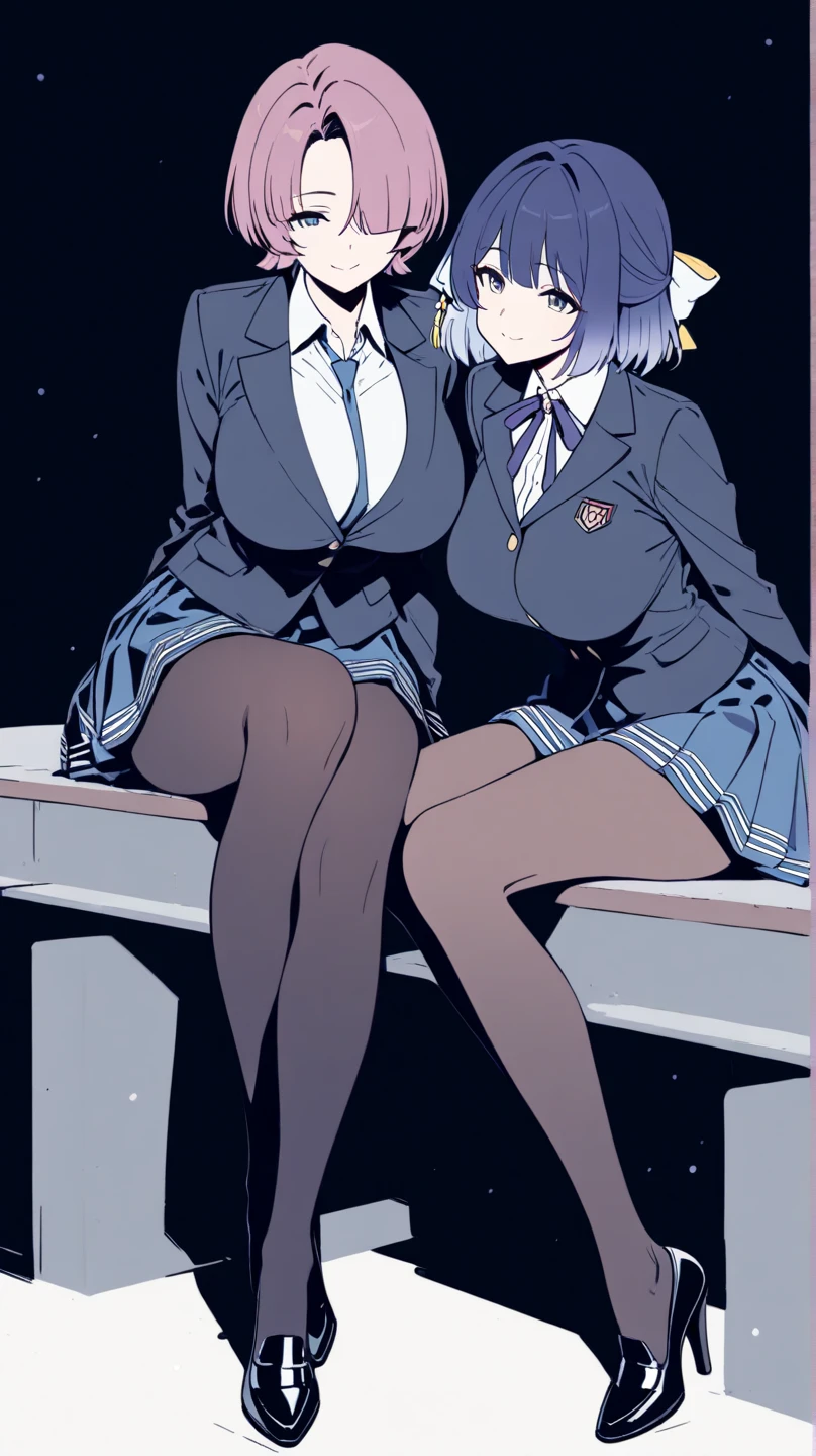 2 girls ,masterpiece, best quality, outdoors,girl_1: long hair, blue hair, yellow eyes, hair over one eye, large breasts, (necktie:0.9),                                                                   girl_2: masterpiece, best quality, outdoors, short hair ,silver eyes, medium breasts, (necktie:0.9),