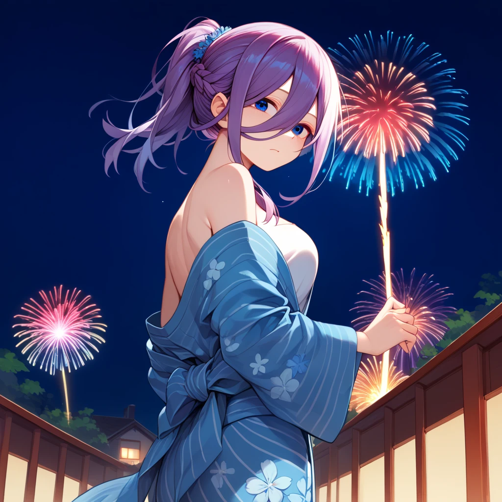 score_9, score_8_up, score_7_up, 1girl, mayanew, blue eyes, purple hair, short hair, hairclip, nose scar, eyebrow cut, , toned,
blue kimono, off-shoulder kimono,
looking at viewer, looking back, smile, smug, bedroom eyes, cowboy shot, rear view,
outdoors, night, dark, fireworks, river,
<lora:Maya-NewStyle-Roadi3PDXL_V1-Manityro-CAME:1.0>,