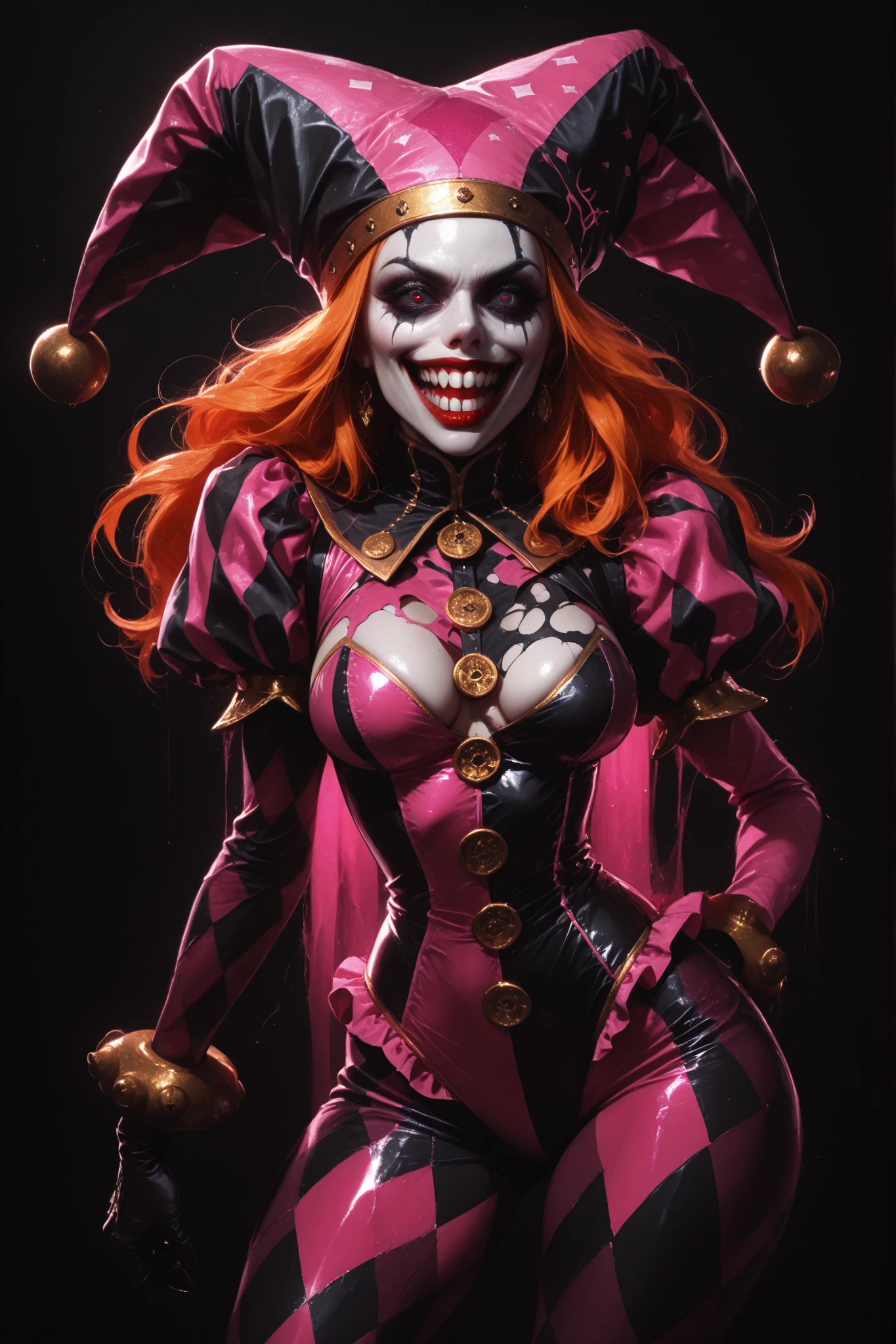 Dark joker woman, sorting sharp teeth, red eyes black outfit, blonde hair with pink and blue tips