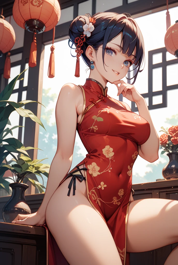 (score_9, score_8_up, score_7_up, score_6_up, score_5_up, score_4_up), masterpiece, best quality, high_resolution, 8k, UHD, 1girl, detailed, extremely detailed, best anatomy, (large breasts), (twintail), short hair, short twintail, brown hair, orange eyes, indoor, in room, chinese dress, chinese clothes, flat expression,  brown chinese dress