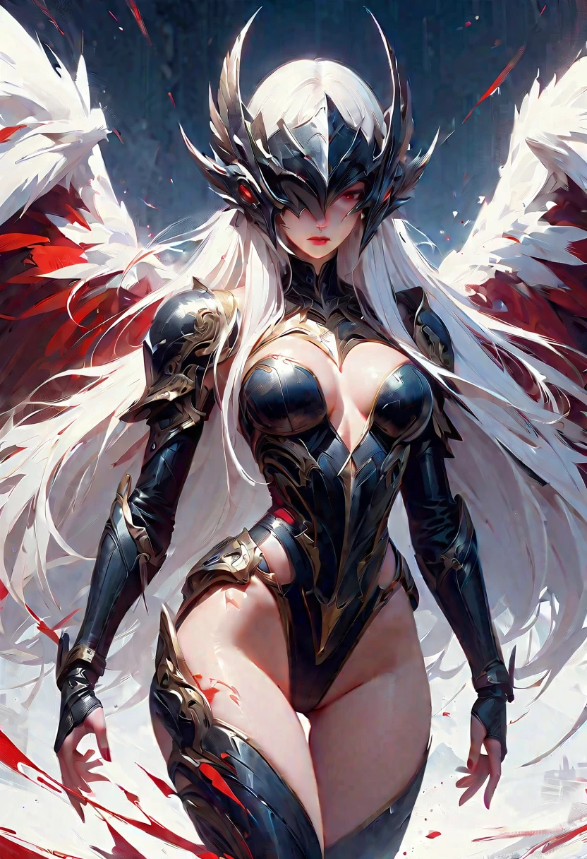 fantasy, 1angel_girl,(young_teen:1.5), ,brown_hair, medium_bob_hair, long_bangs, halo,bare_shoulder,thighhighs,silver_armor, waist_armor, large_breasts,1pair_wings, dynamic_pose_fighting,floating, bare_crotch, headgear,gauntlet, greaves,city_landscape_background,slightly_spread_legs, solo, groin_naked,smile