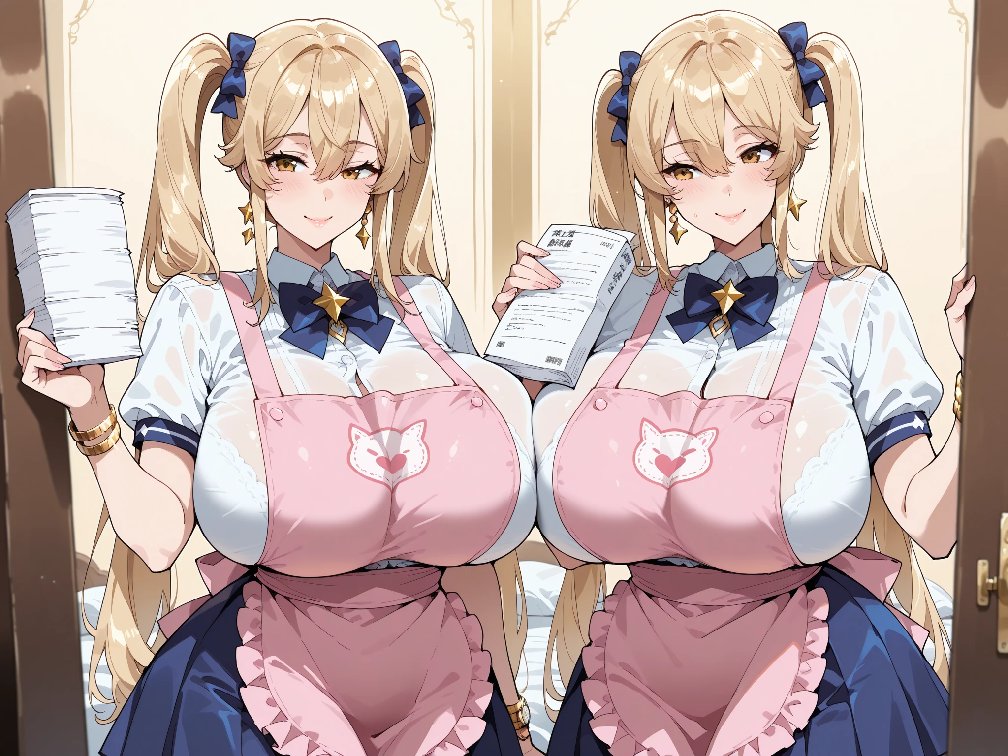 loose school uniform is sheer, button gap,(covered nipples:0.95),breasts,red white gold uniform,(side-tie peek:1.5),(button gap:1.5), white skirt, white top, red ribbon, golden buttons, golden shoulder pats, young adult, 19 years, blonde hair,half updo hair, brown eyes, beautiful brown eyes, big breast, striking body curves, horny smile, pink lips, tiny girl, cute pose, masterpiece, classroom background, school