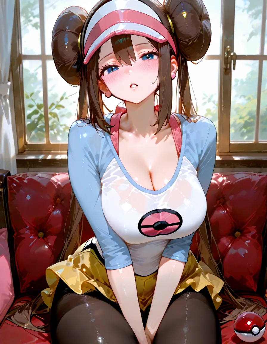 (masterpiece:1.3), (absurdres:1.3), (best quality:1.3), (ultra-detailed:1.3),(best shadow:0.7), (handled hair), perfect ???????, 1girl, solo, rosa(pokemon), double bun, visor cap, hair bun, long_twintails, brown hair, blue eyes, hair between eyes, large breasts, sightly smile, ((??????? pink bra)), ((yellow skirt)), ((black pantyhose)), ((pink bra:1.2)), ((strap slip)), off shoulder strap, bare shoulders