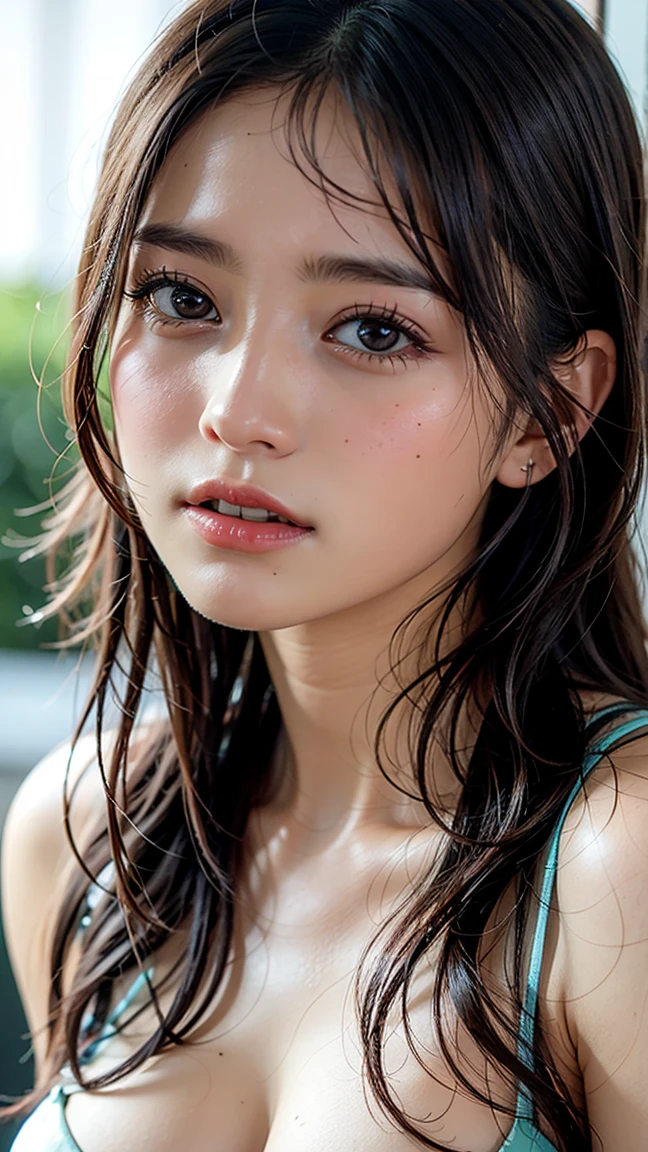 (8k, RAW Photos, Highest quality, High resolution:1.1), (Ultra-realistic:1.4), (Realistic, Realistic:1.3), (Simple Background, Dull Blue Background:1.4), full body, (whole body), beautiful girl, (sexy sports swimwear:1.2), ((brown eyes)), (18 year old teenage girl), light brown hair color, (big tits:1.2), (complete closed mouth:1.4), lips, realistic, (slim face), ((skinny)), charming, pink lipstick, colorful makeup, long eyelashes, wearing eyeliner, fair skin, (cute), (detailed face), detailed eyes, detailed iris,