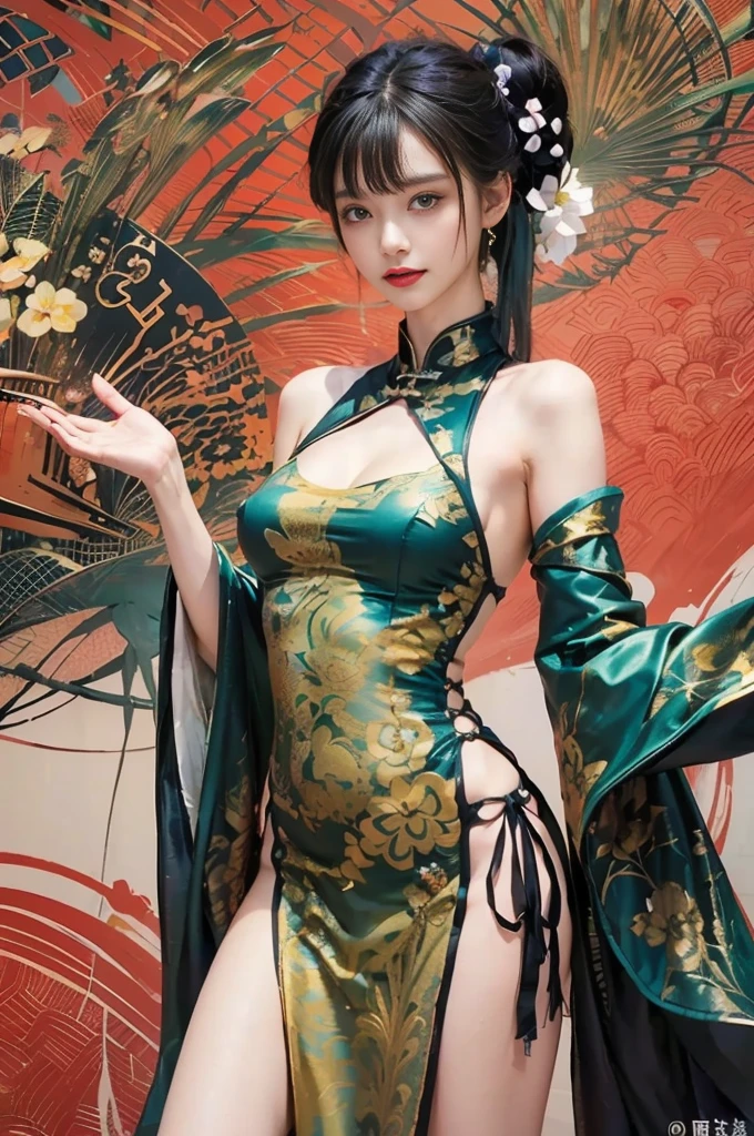 tmasterpiece, ultra fine photos, best qualtiy, 超高分辨率, realisticlying,a beauti,Raised sexy,The kinky is exposed,Good body,The yellow robe is embroidered with a pattern,,Exposing thighs,Temple