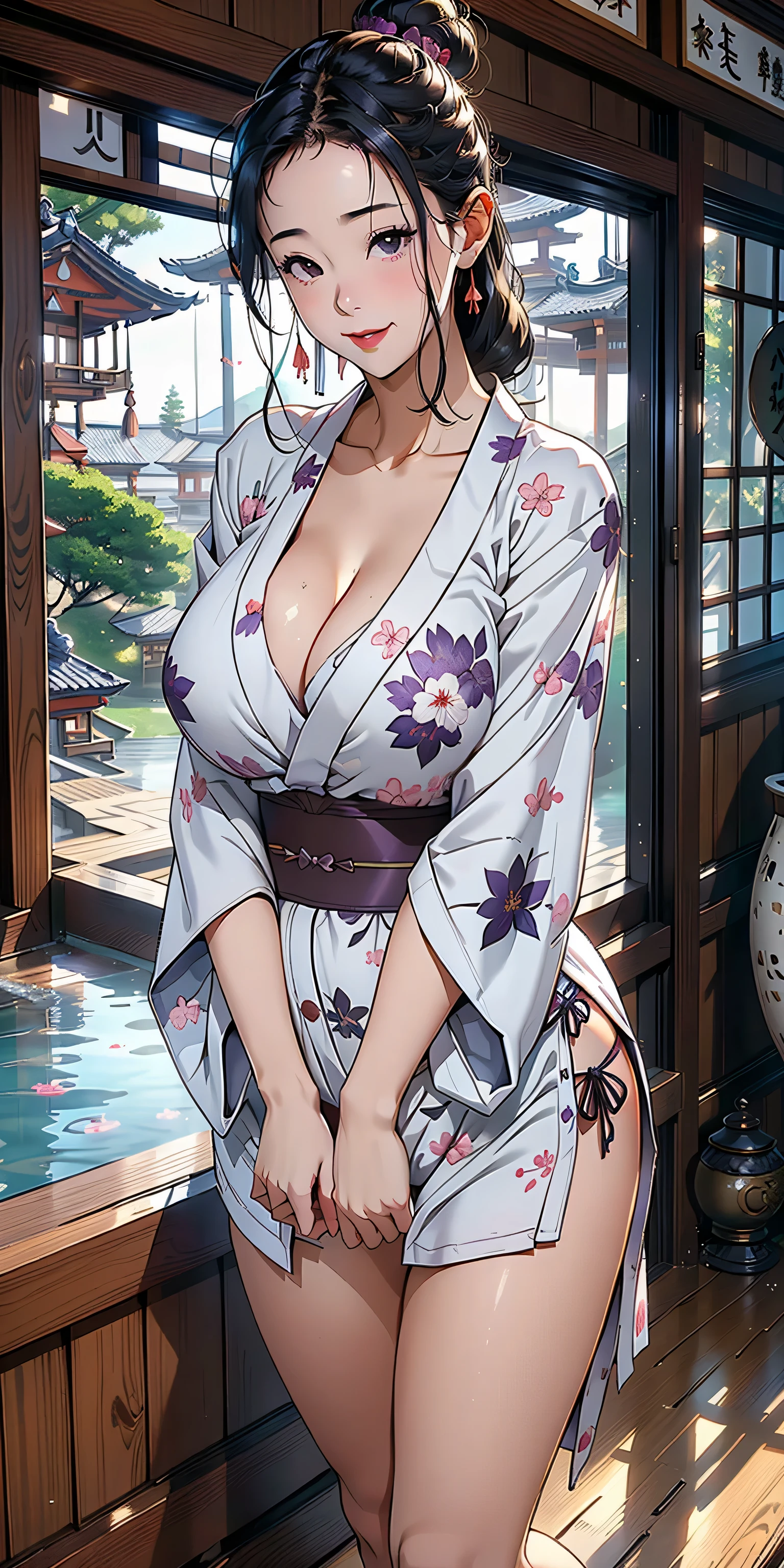 1 girl, glasses, big breasts, yukata, loose hair, looking at you, open the door for you, detailed face, beautiful eyes, long eyelashes, detailed lips, detailed skin, intricate details, elegant, beautiful lighting, cinematic, warm colors, soft focus, photorealistic, masterpiece, 8k, ultra-detailed, (best quality, 4k, 8k, highres, masterpiece:1.2), ultra-detailed, (realistic, photorealistic, photo-realistic:1.37)
