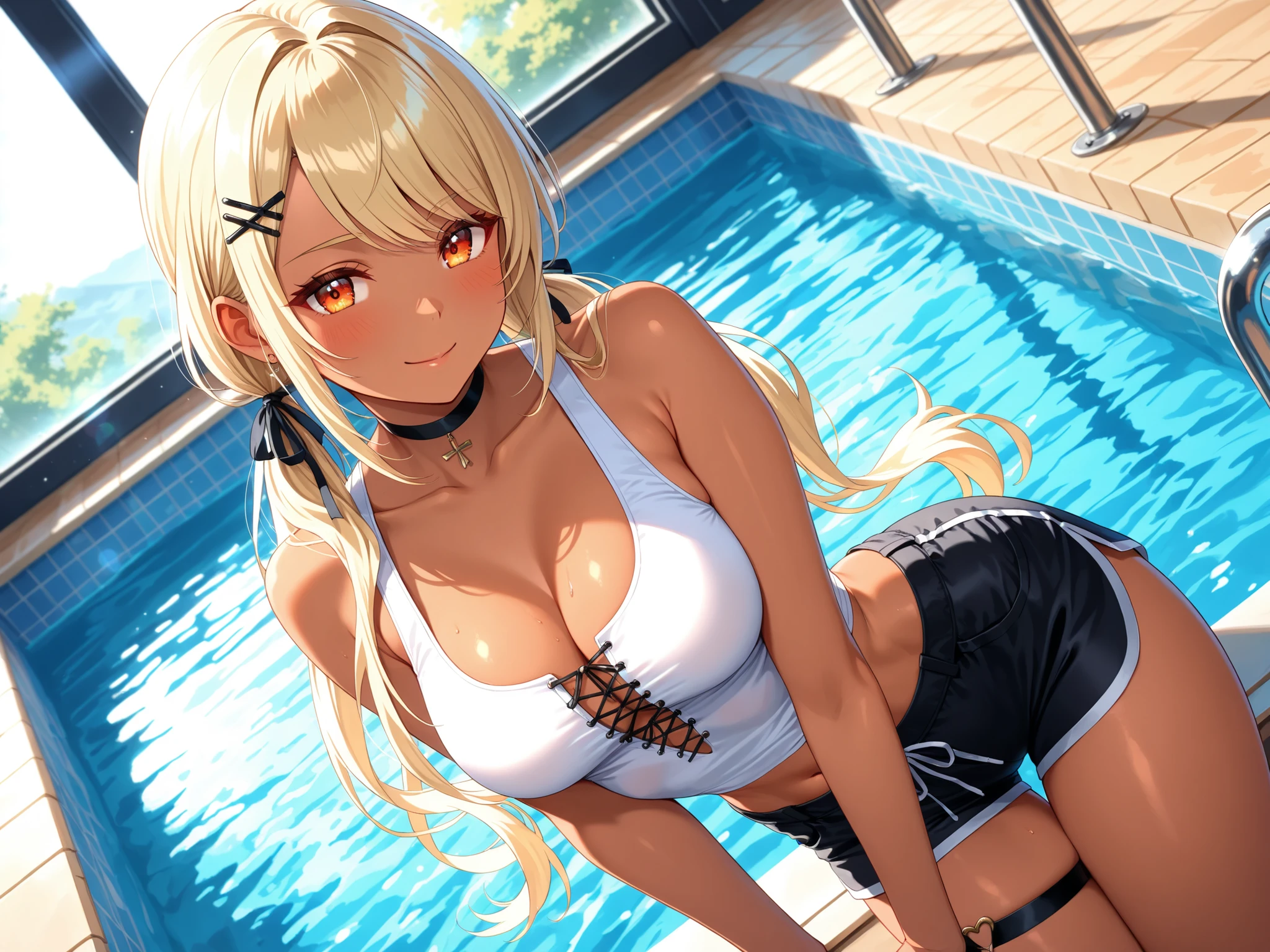 nsfw:1.6, Top quality, masterpiece, ultra high resolution, , (top quality, high resolution, 4K, detailed lighting, shaders, perfect anatomy, perfect proportions), eye of the beholder, (masterpiece, top quality) (top quality, 4K, 8K, high resolution, masterpiece: 1.2), highly detailed, (masterpiece: 1.3, top quality, ultra high resolution, ultra detailed), (top quality: 1.2), perfect eyes, perfect face, perfect lighting, (top quality, 4K, 8K, high resolution, masterpiece: 1.2), highly detailed, (top quality, 4K, 8K, high resolution, masterpiece: 1.5), highly detailed, masterpiece, top quality, ultra detailed, top quality, high resolution, 32K CG, very delicate and beautiful, illustration, high resolution, sharp focus, front lighting, glow, girl 1 person, solo, smiling, very beautiful and detailed anime face, very detailed eyes, ((masterpiece)), ((best quality)), (super detailed), ((cute)), cute, ((very detailed)), 4K, (8K), best quality, (best quality, 8K, 32k, masterpiece, super high resolution, very detailed, impressionistic:1.2), blurred background, (((two arms))) , (((two foot))), (((four fingers and 1 thumb))), Best quality , ((only one naval)),
Female. ((Blonde hair)). ((((Topless)))). ((((Breasts and nipples not covered)))). (White panties). ((((Breasts popping out from the collar of an oversized tank top)))). ((Ponytail with red ribbon)). ((Bangs swept to the side, exposing her forehead)). Beautiful blue-green eyes. Deep pupils. Pink lips. ((Big boobs)). Full breasts. Well-shaped breasts. Small pink nipples. Slim waist. Great proportions. Slender body. Well-proportioned body. ((Tan lines: 1.2)). Blushing face. (("Let's dance together."). ((White choker)). Earrings. Necklace. Bracelet. Anklet. (((Night pool))).