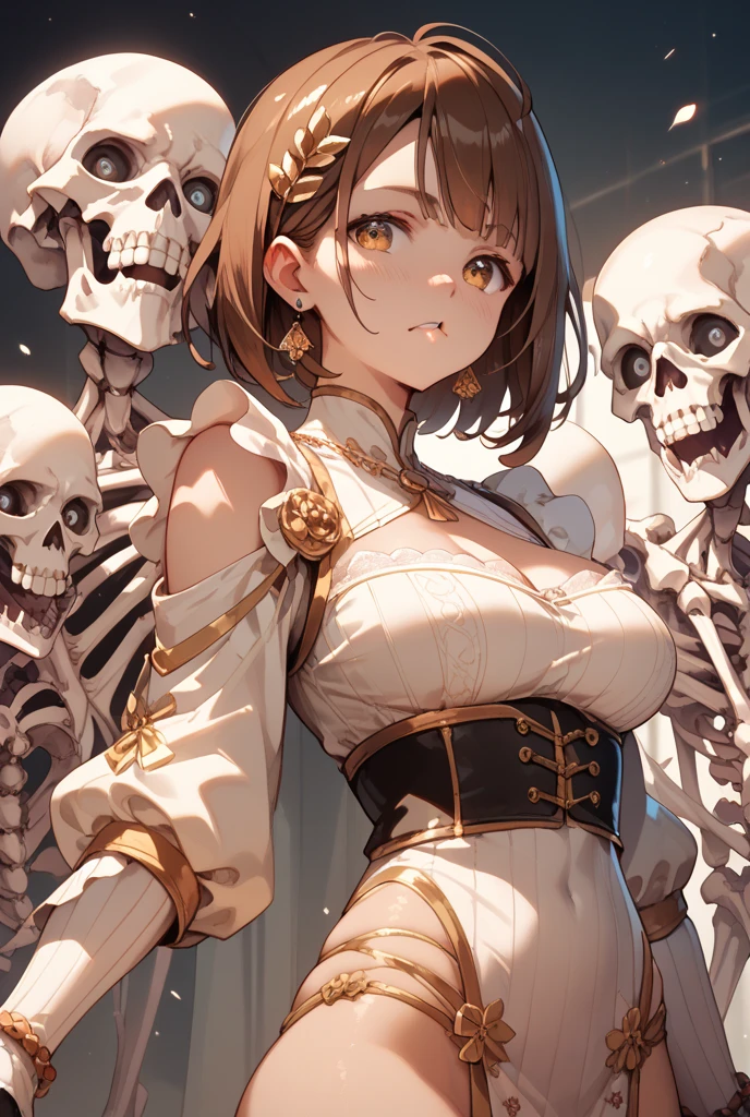 ((1Girl Hug 1catzombie , Bones, Cute, Skeleton, Fur, Cute. ))masterpiece, best quality, DanielaV4, 1girl, 3d render, brown hair, smile, teeth, yellow eyes, looking at viewer, dress, black dress, gloves, cleavage, jewelry, hood, necklace, blood, makeup