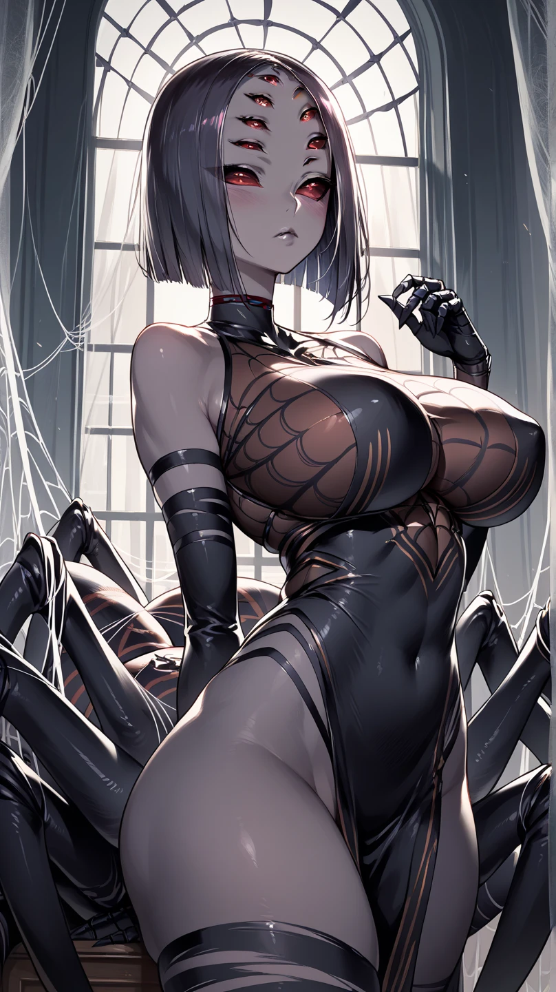 Goth anime girl, latex suit, big breast, makeup, fishnet