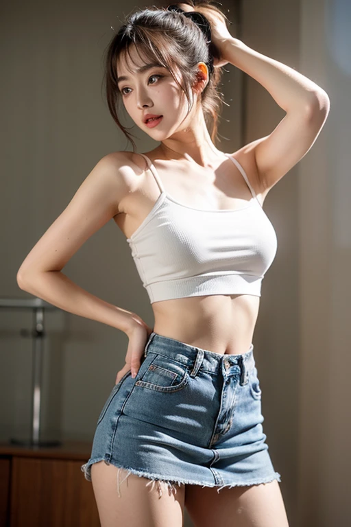 Girl posing for photo in white bra and tight wide-leg denim，Keep your arms behind your back，full bodyesbian，With a cropped T-shirt、brassier，Slim body，Smaller bust，Slim girl model，24 years old female model，