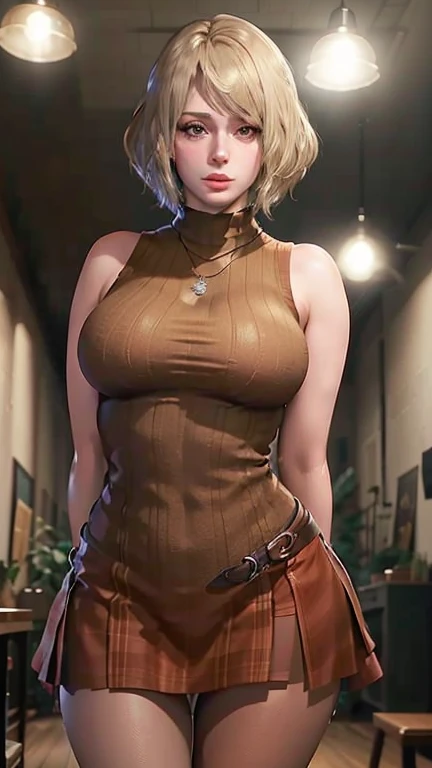 (masterpiece, best quality), 1girl, AshleyGrahamRE, looking at viewer, short hair, blue eyes,  brown eyes, discreet smile, pantyhose,  blonde hair, lips, plaid, , realistic, nose, sleeveless turtleneck,  red lingerie,