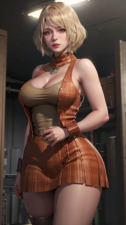 ashley graham, resident evil 4 remake, large breasts, huge breasts, massive breasts, breasts larger than head, breasts escaping from sweater, orange sweater, checkered green skirt, orange scarf, thick thighs, female focus, blonde hair, curvilinear female, curvilinear waist, curvilinear body, short hair, ella freya