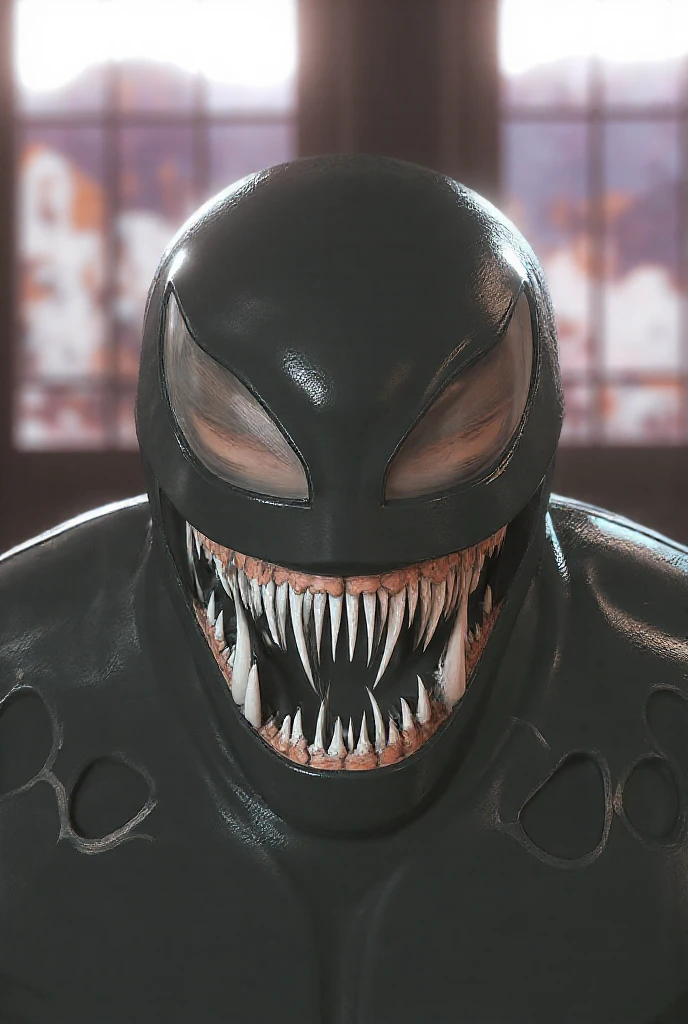Venom,symbiote,Human perspective,Humanoid robots,Male,Black body,Dripping,Sweat,Wet,Open mouth,Blood basin mouthful,Sharp teeth,Long tongue,There is mucus on the tongue,Muscular male,large pecs,Abs are prone to negative skin,Black and blue body,Sweat,Mucus attaches to the body,Greasy and shiny body,Majestic body,Giant body,perfect bodies,Shark line figure