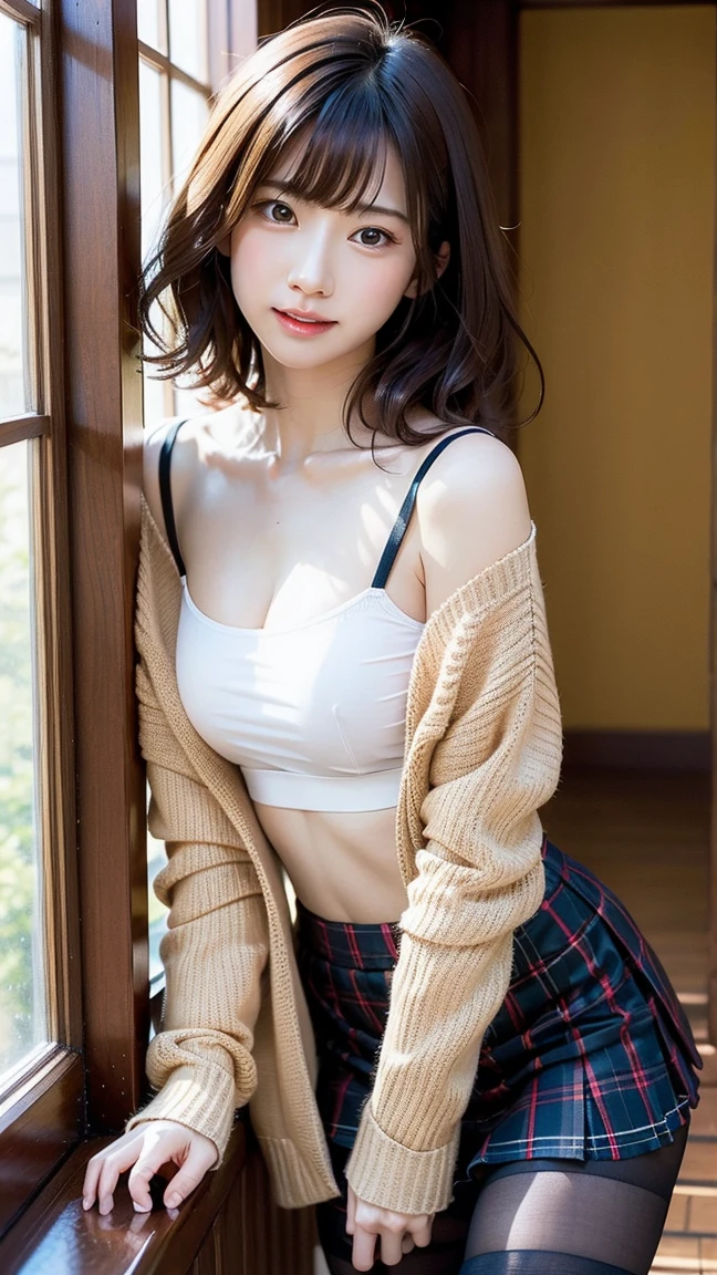 a 25yo woman、black eyes、Brown hair、Longhaire、I use a hair band to tie my hair together、a smile、accessories on the wrist、Slender but well-proportioned muscular body、a smile、Breasts are big、Wearing a cardigan、wearing a loose skirt、I&#39;m sitting relaxing on the sofa by the window in the living room.、a smile、have smart-phone