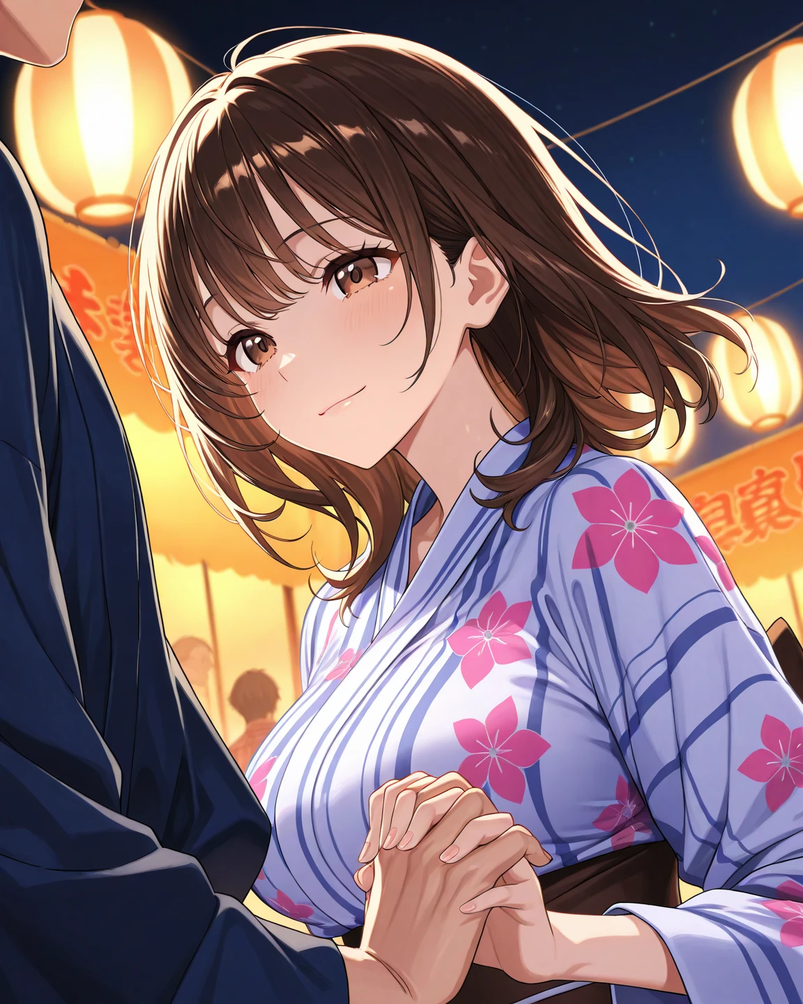 1girl, night, Japan shopping street, cute 20 year old petite girl in Japan, big, baby face, brown hair, uphair, yukata, looking at camera, natural smile, blurred background, only upper body and head visible,colorful natural lights