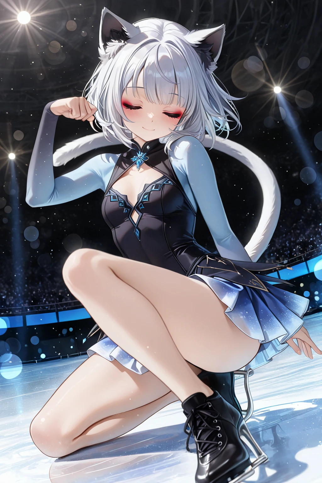 1girl, <lora:Kiev_sports_v1:0.8>Kiev_sports,red eyes, hair between eyes, leotard, black gloves, white sleeves, ice skates,black pantyhose,, <lora:flatBG:-0.6> ,<lora:flat2:-0.6>,(dark light:1.2),(hyper extreme detailed),(masterpeace:0.5),(hyper extreme),(photorealistic),game cg,llustration,novel illustration,beautiful lighting,light from the front,BREAK, <lora:GoodHands-beta2:1>,(good hand,nice hands, perfect hands:1.2),five finger,