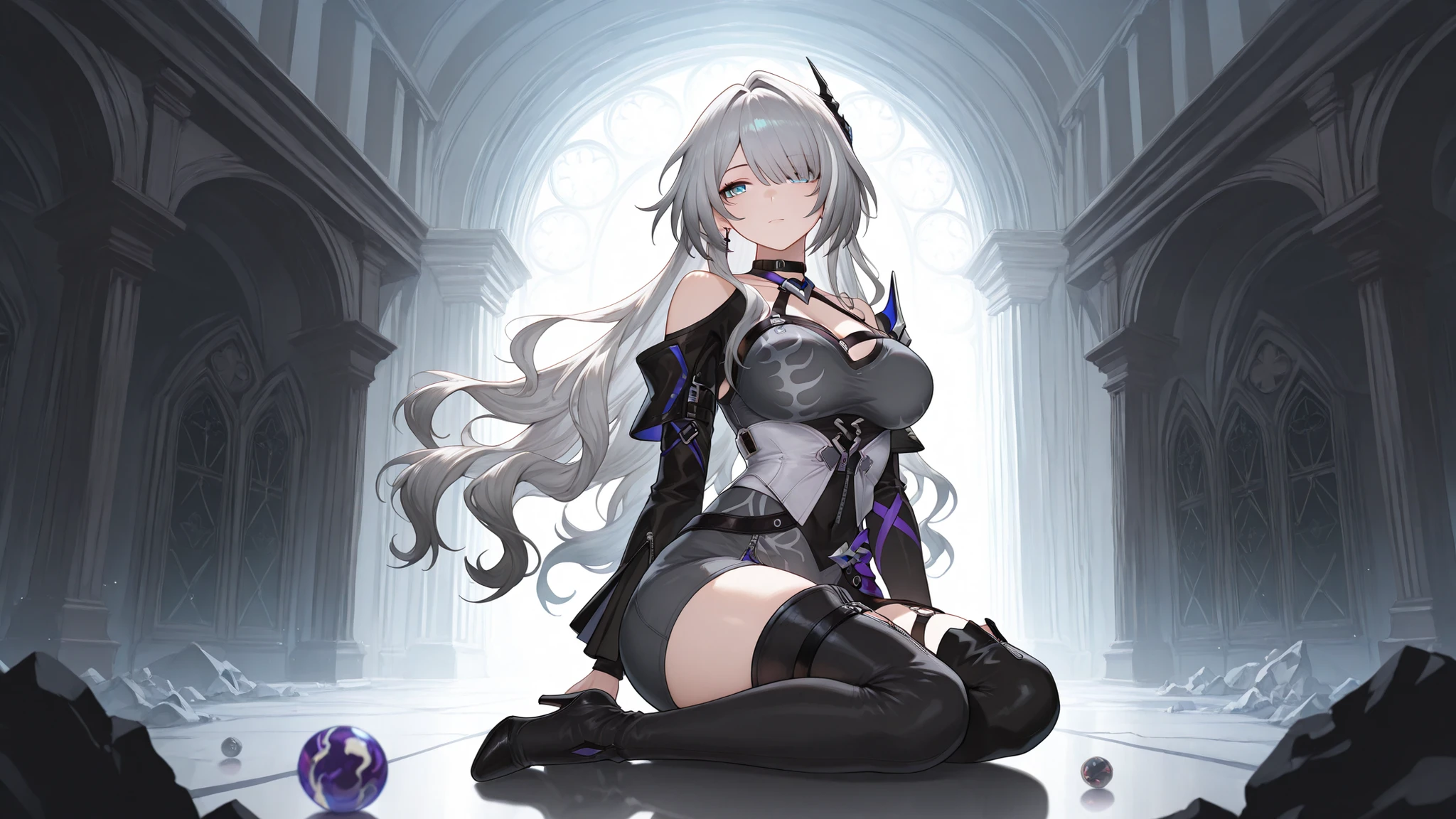 (masterpiece, detailed:1.2), anime-style girl, face based on Acheron from Honkai Star Rail, long ash white soft wavy hair, side part, elegant side bangs, expressive blue eyes, soft curvy figure, large breasts, ethereal beauty, melancholic expression, cinematic lighting, artistic composition, full body portrait, wearing a flowing black and gray dress with ash patterns, high collar, long sleeves, asymmetrical skirt, choker, soft fabrics, poetic and ethereal style, background of cracked marble hall, quiet sadness, masterpiece, ultra-detailed, 8k